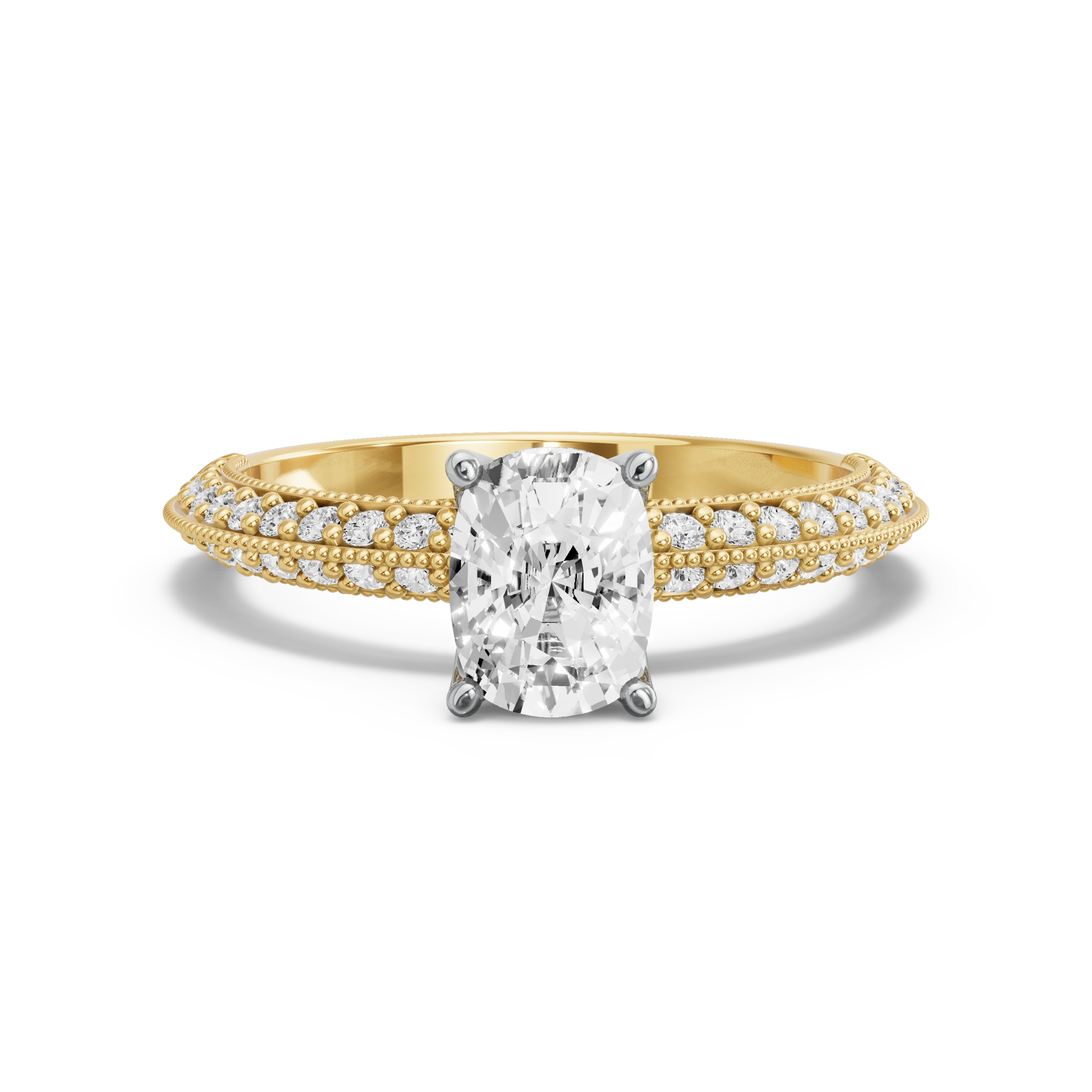 Image for Cushion Tulip Basket Ring with Knife Edge Pave band in 10K Two Tone Yellow Gold