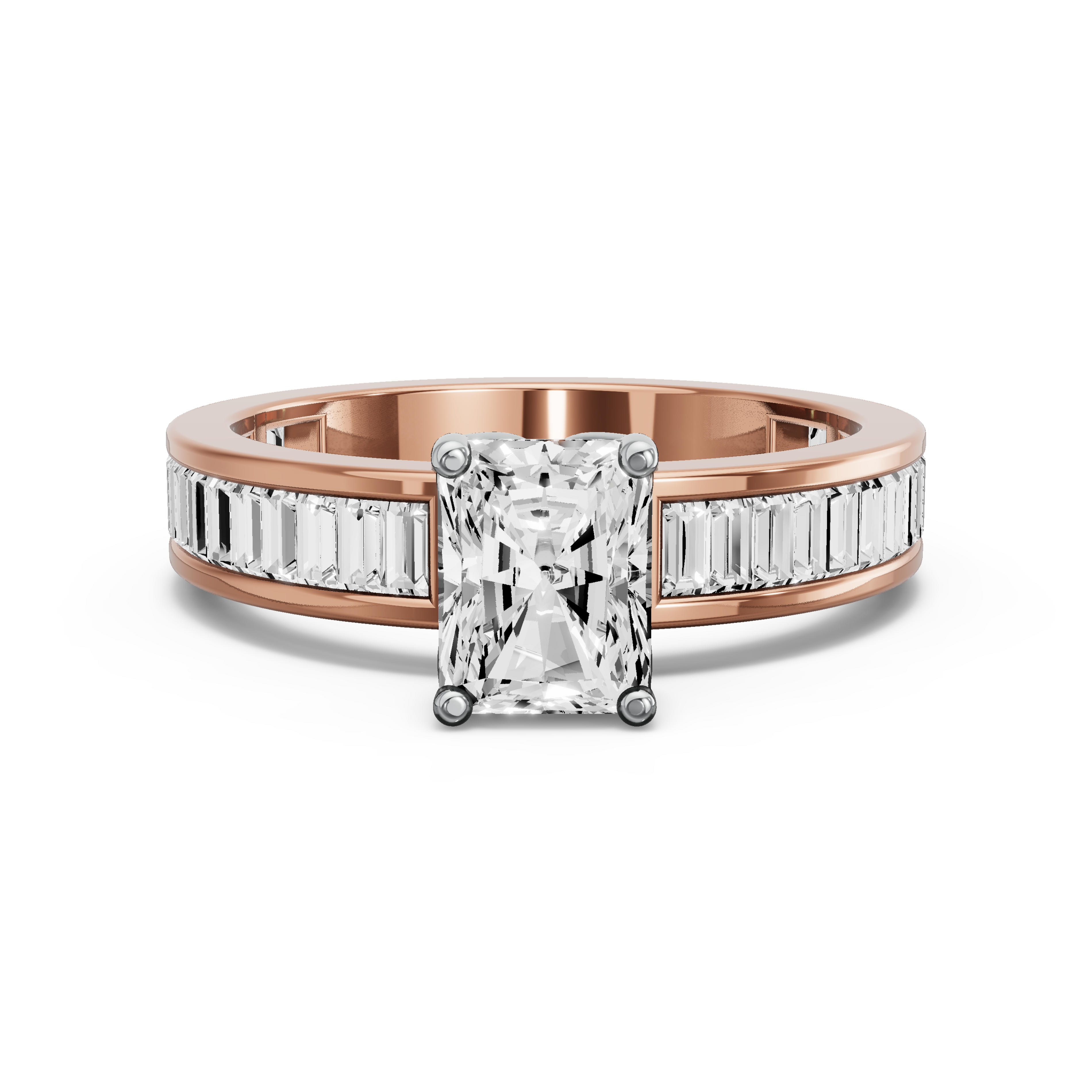 Image for Radiant Tulip Basket Ring with Baguette Channel band in 18K Two Tone Rose Gold