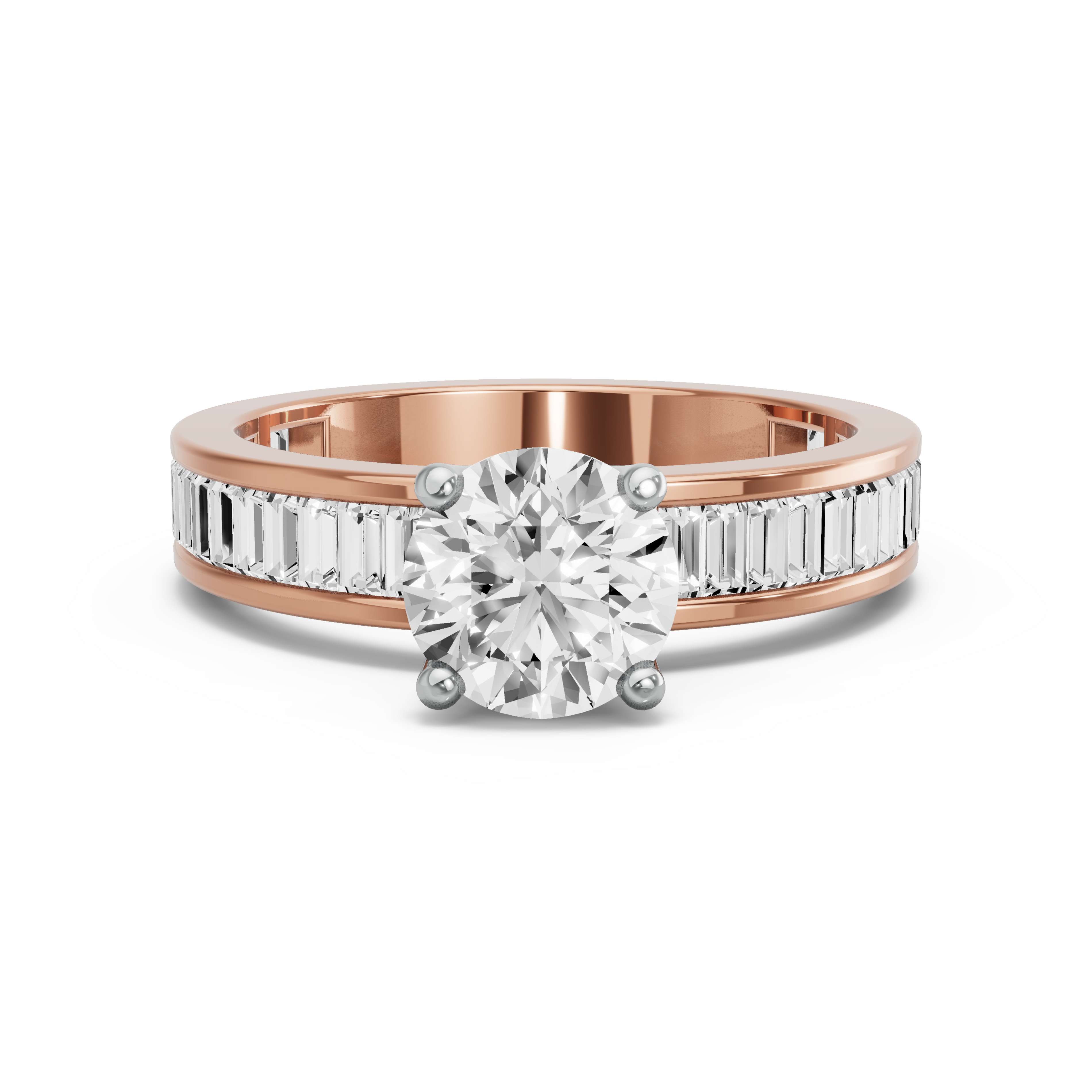 Image for Round Tulip Basket Ring with Baguette Channel band in 14K Two Tone Rose Gold