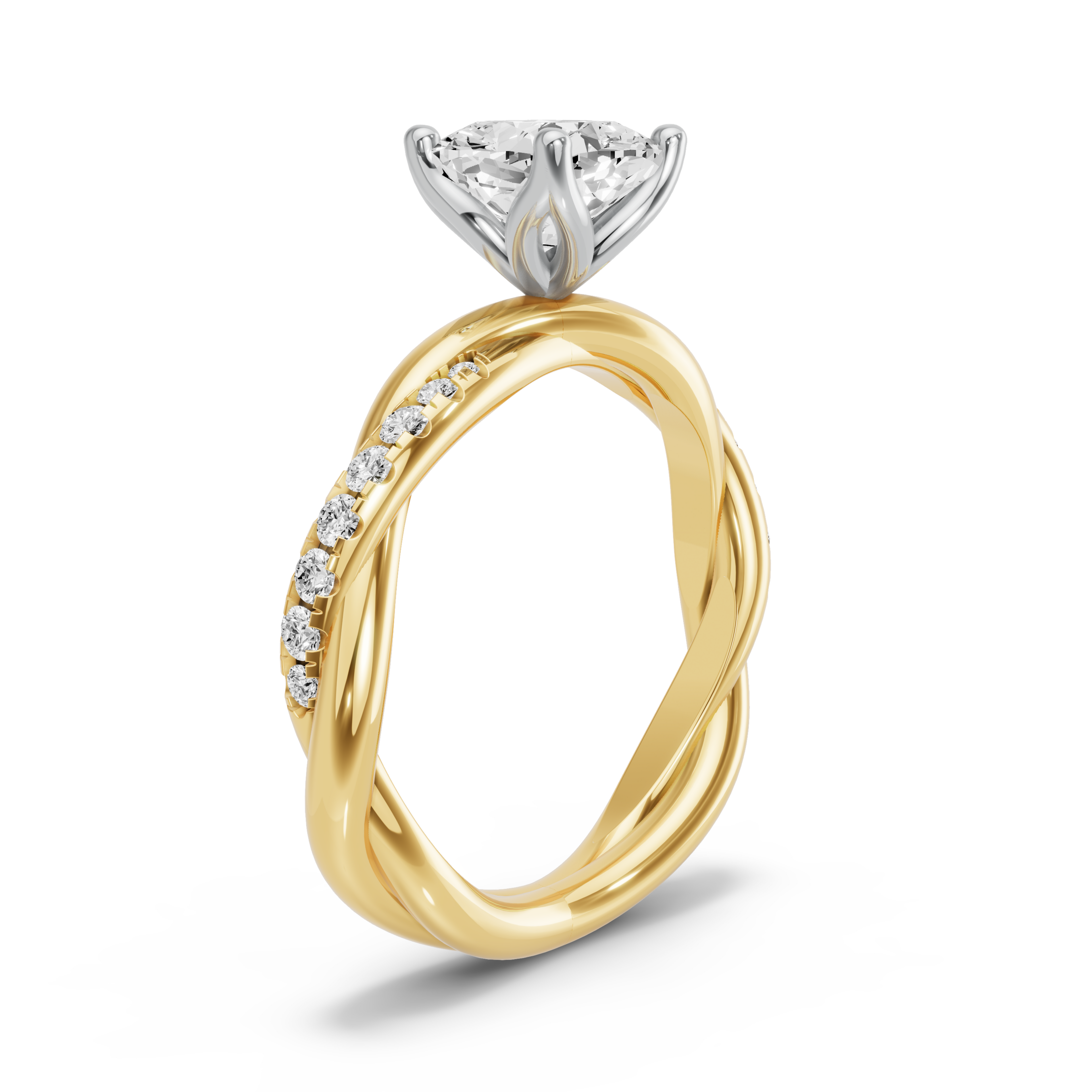 Image for Square Cushion Tulip Basket Ring with Rope Pave band in 10K Two Tone Yellow Gold