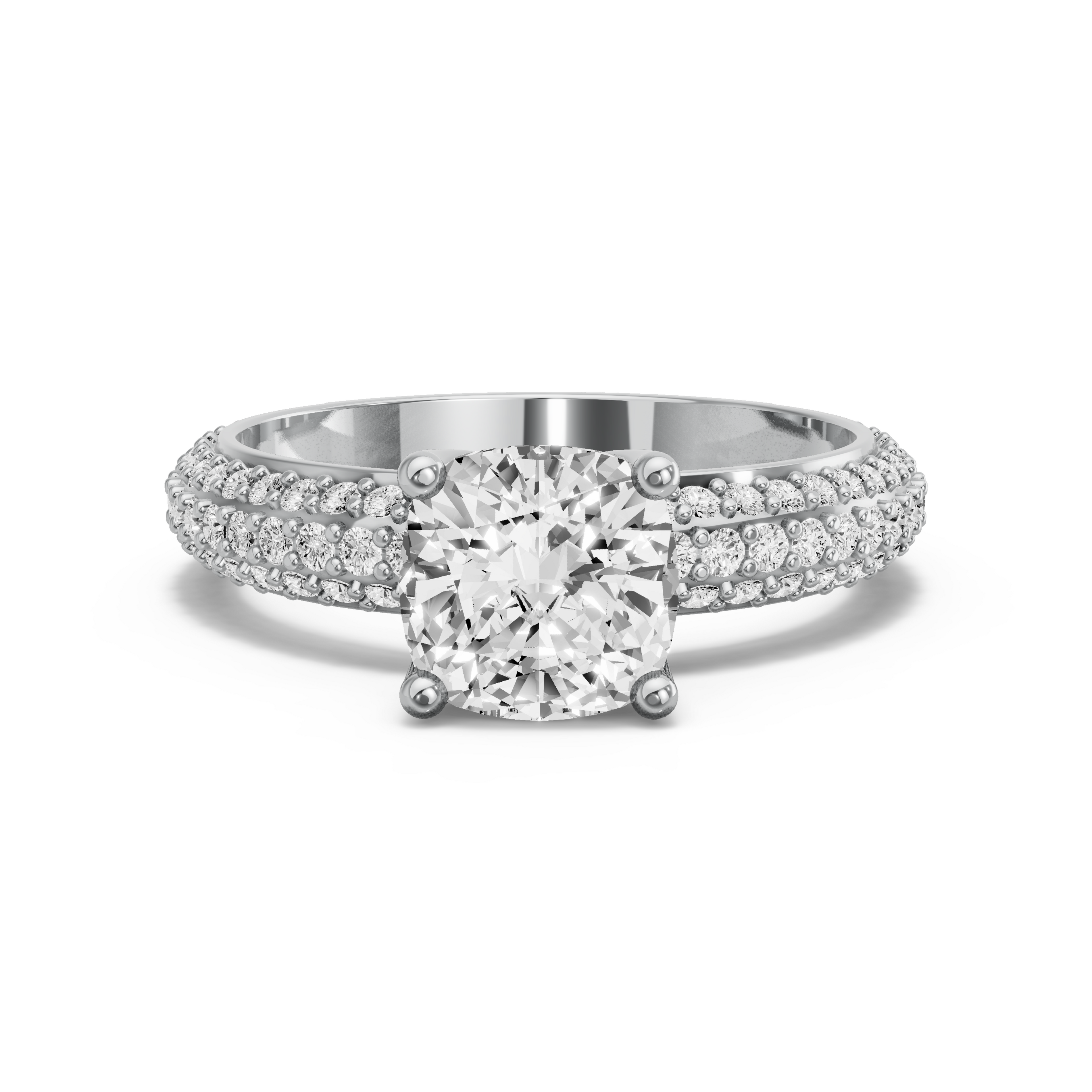 Image for Square Cushion Tulip Basket Ring with Triple Row Pave band in 18K White Gold