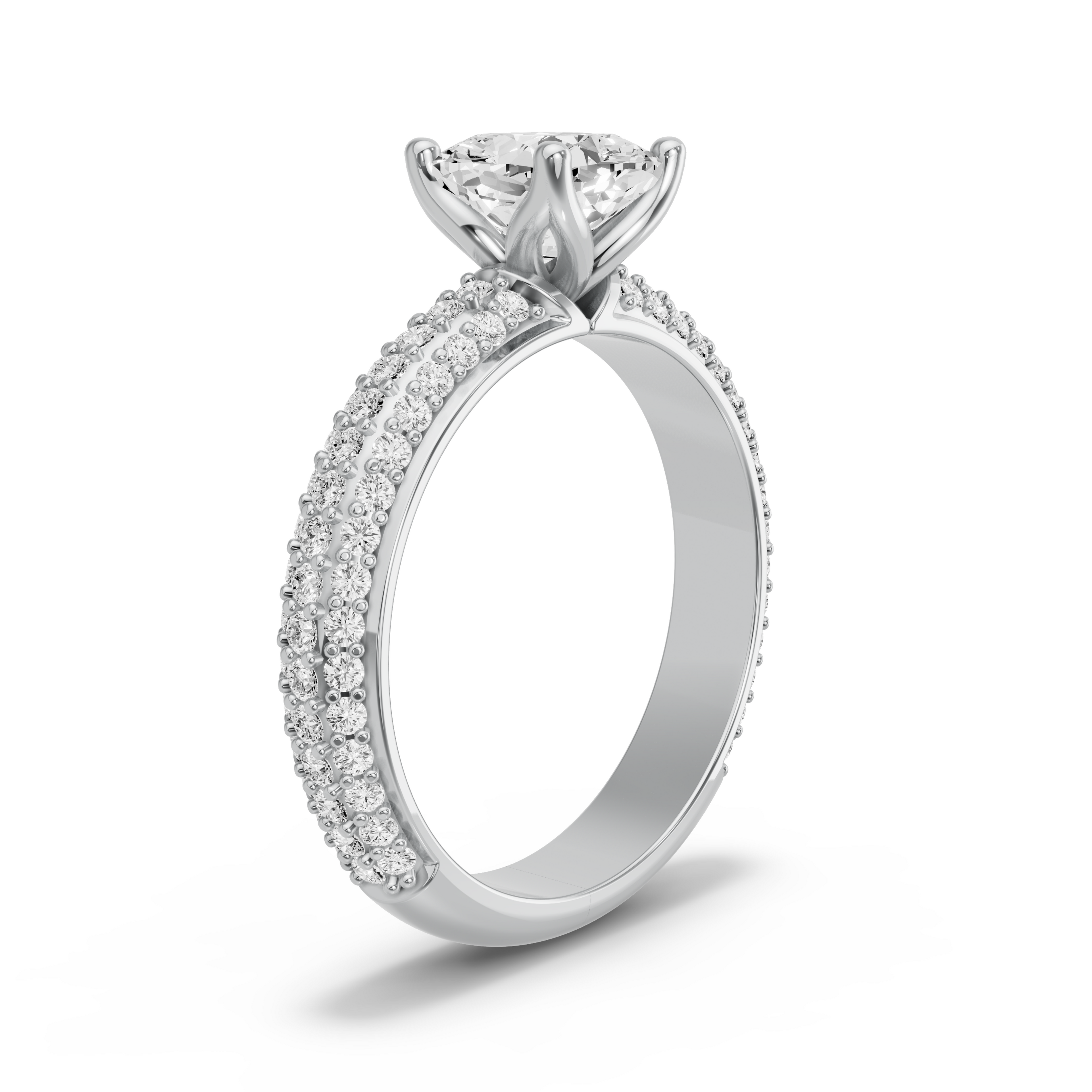 Image for Square Cushion Tulip Basket Ring with Triple Row Pave band in 10K White Gold