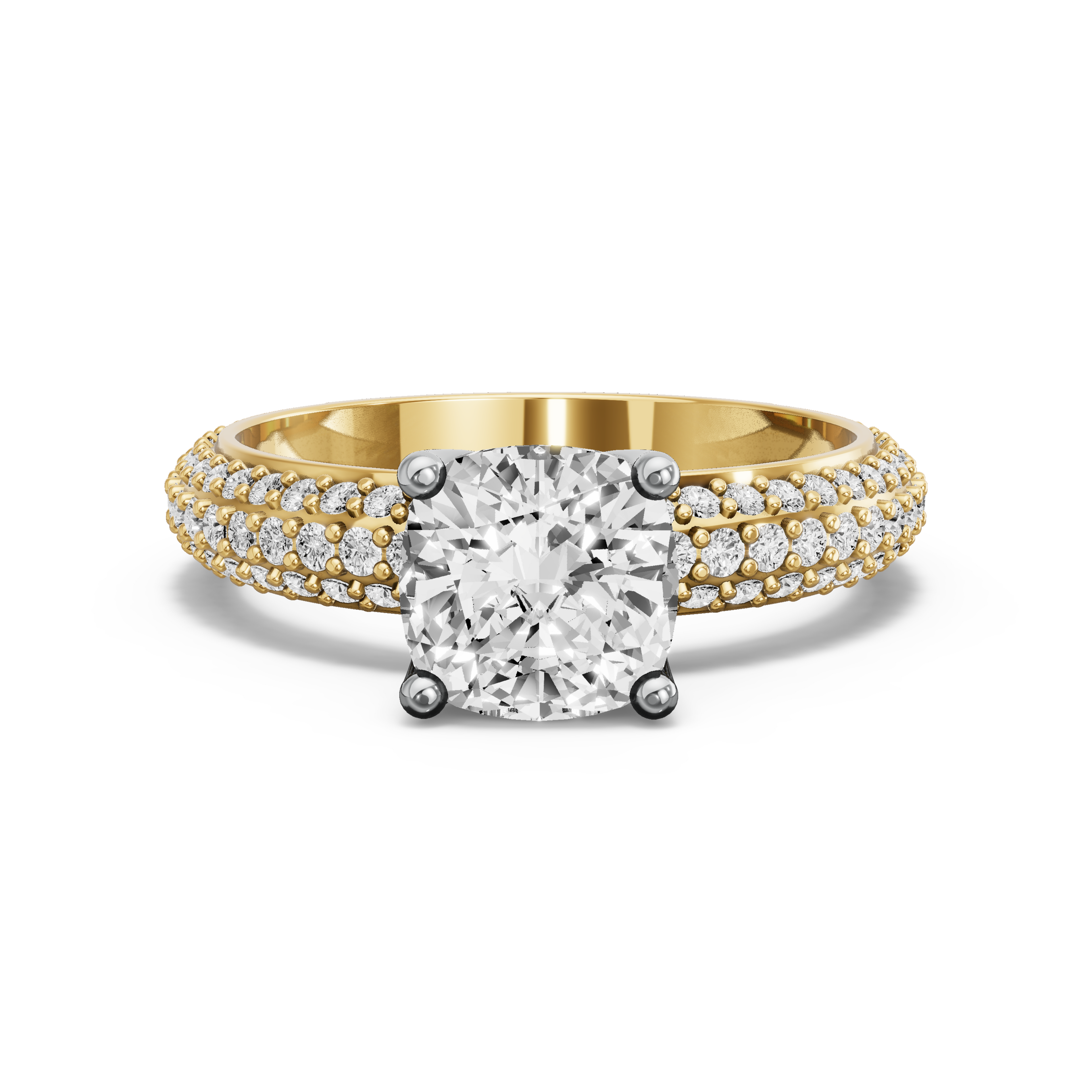Image for Square Cushion Tulip Basket Ring with Triple Row Pave band in 14K Two Tone Yellow Gold