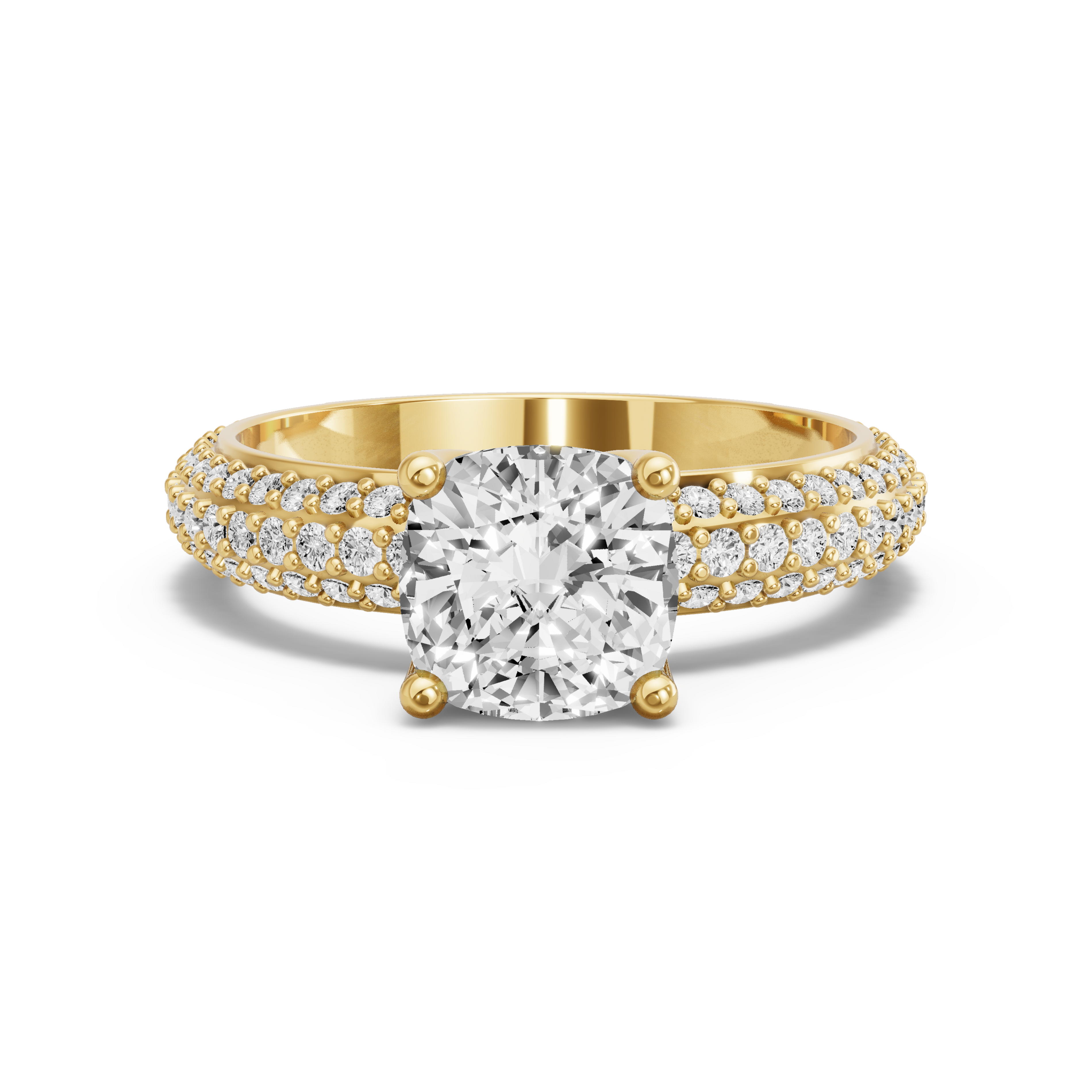 Image for Square Cushion Tulip Basket Ring with Triple Row Pave band in 18K Yellow Gold