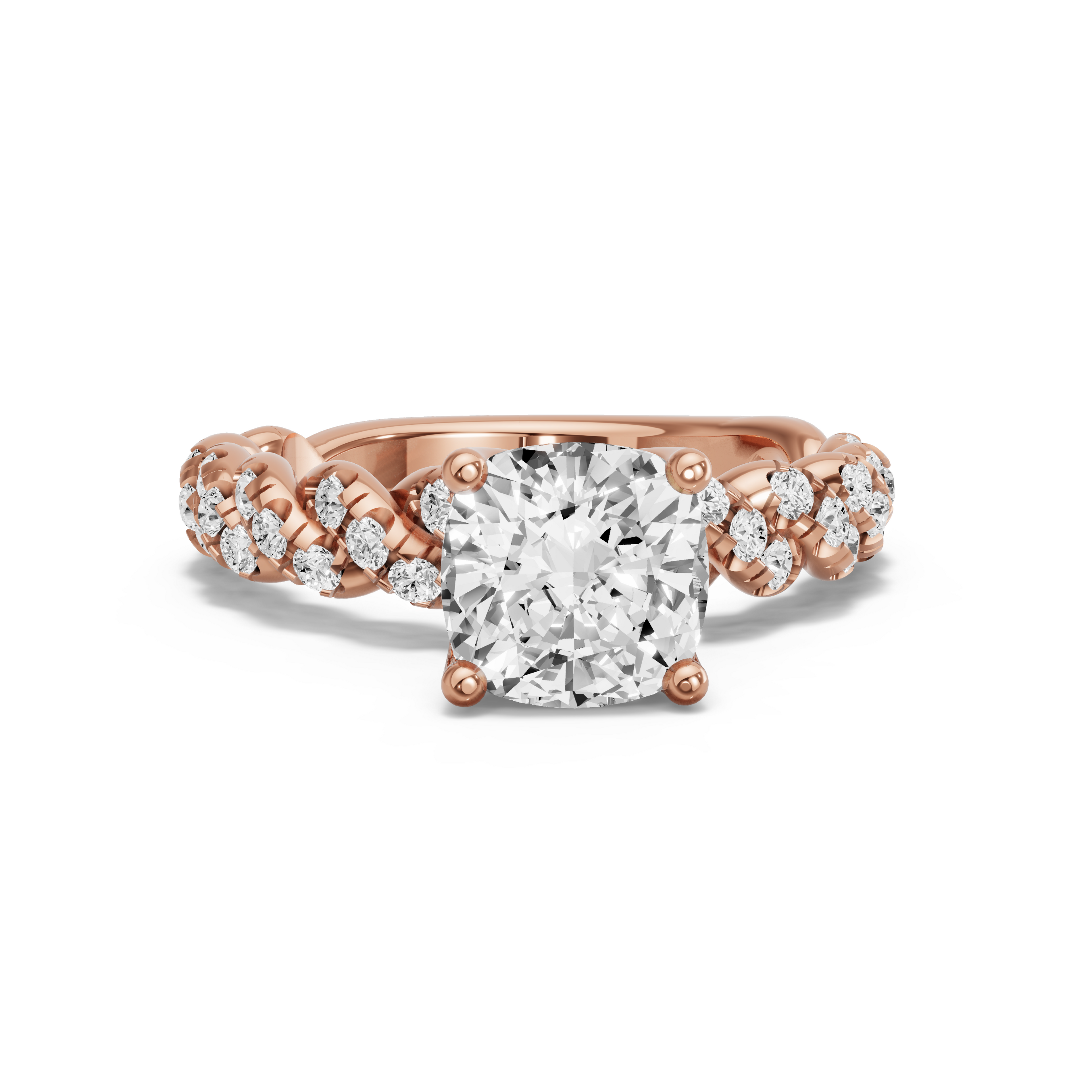 Image for Square Cushion Tulip Basket Ring with Twist Pave band in 10K Rose Gold