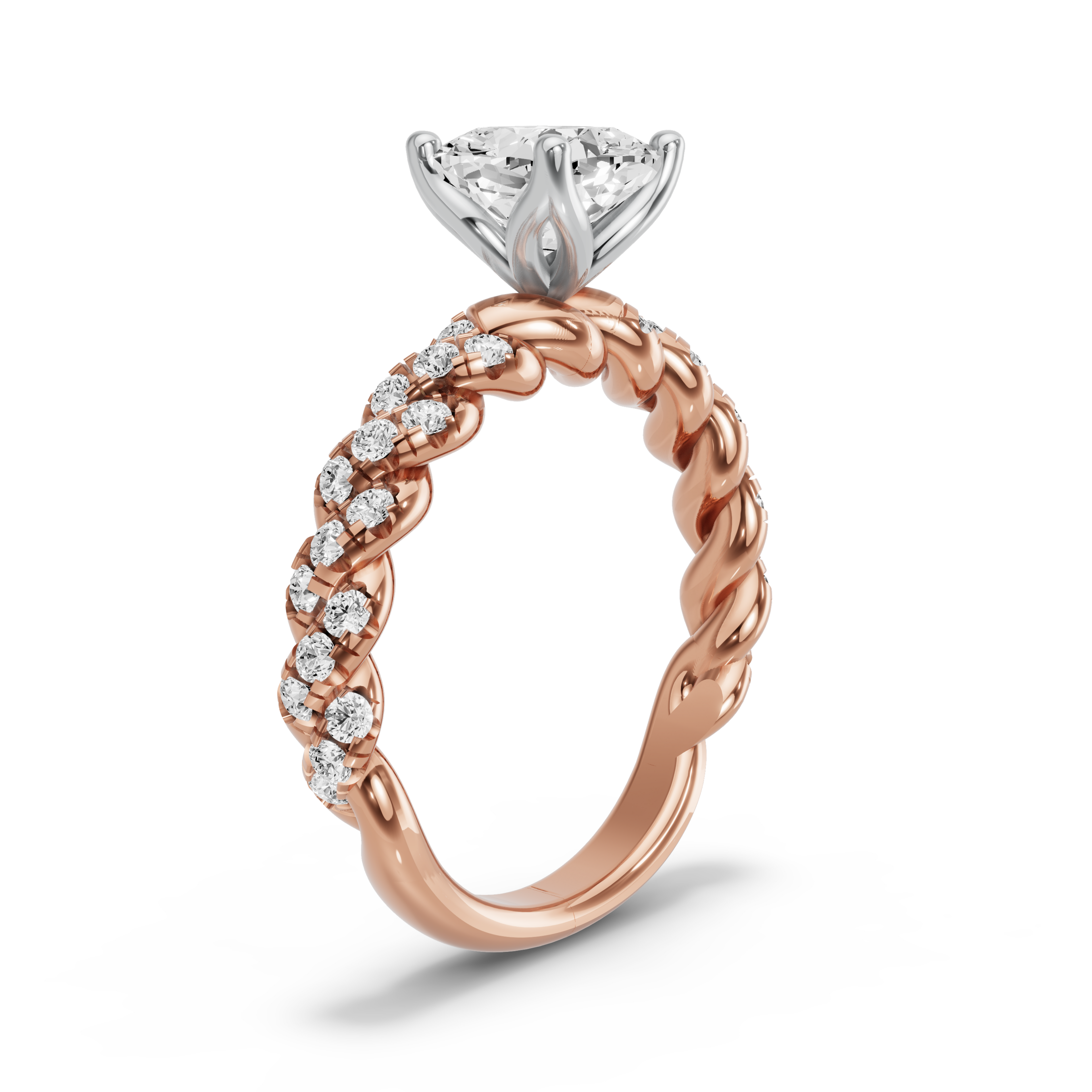 Image for Square Cushion Tulip Basket Ring with Twist Pave band in 18K Two Tone Rose Gold