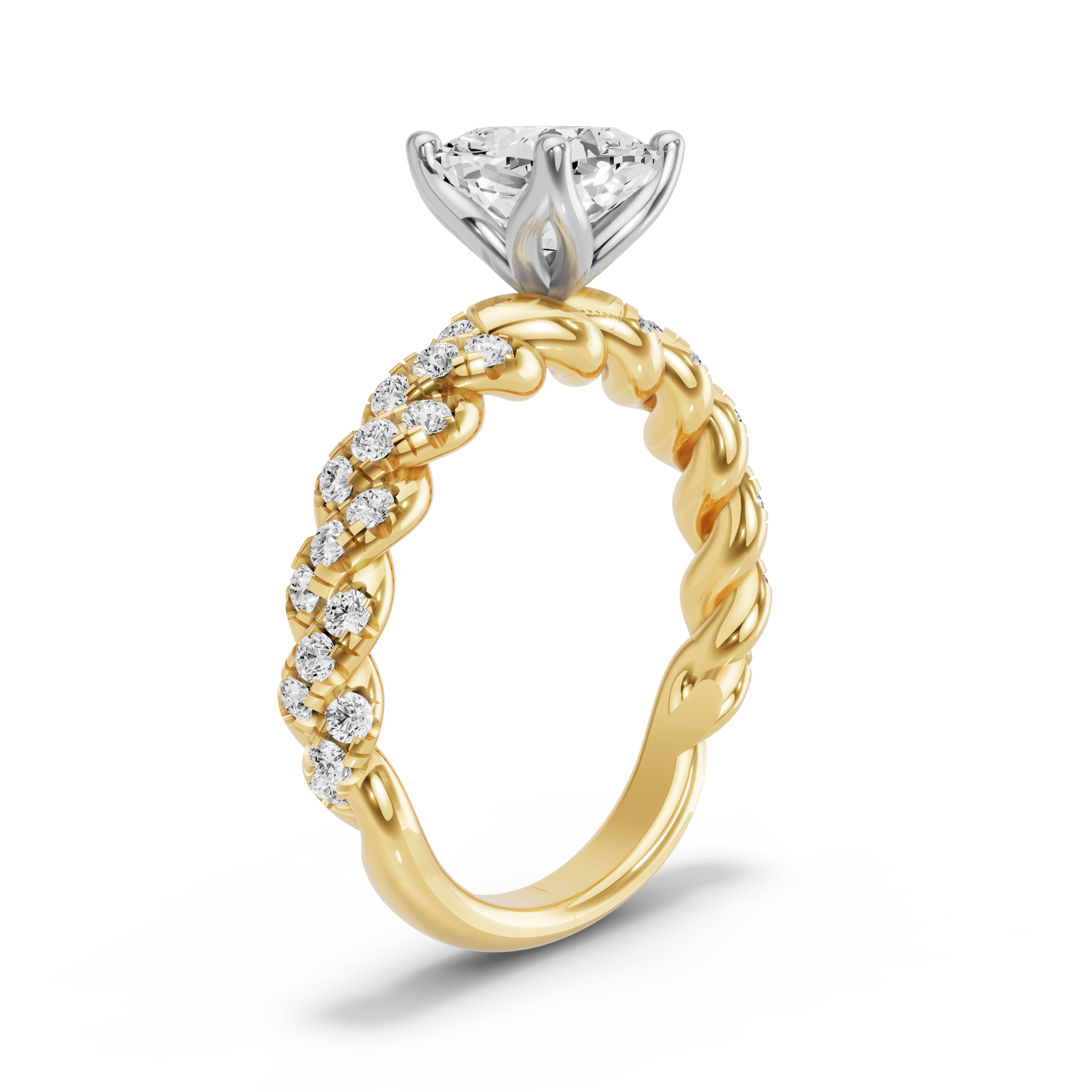 Image for Square Cushion Tulip Basket Ring with Twist Pave band in 14K Two Tone Yellow Gold