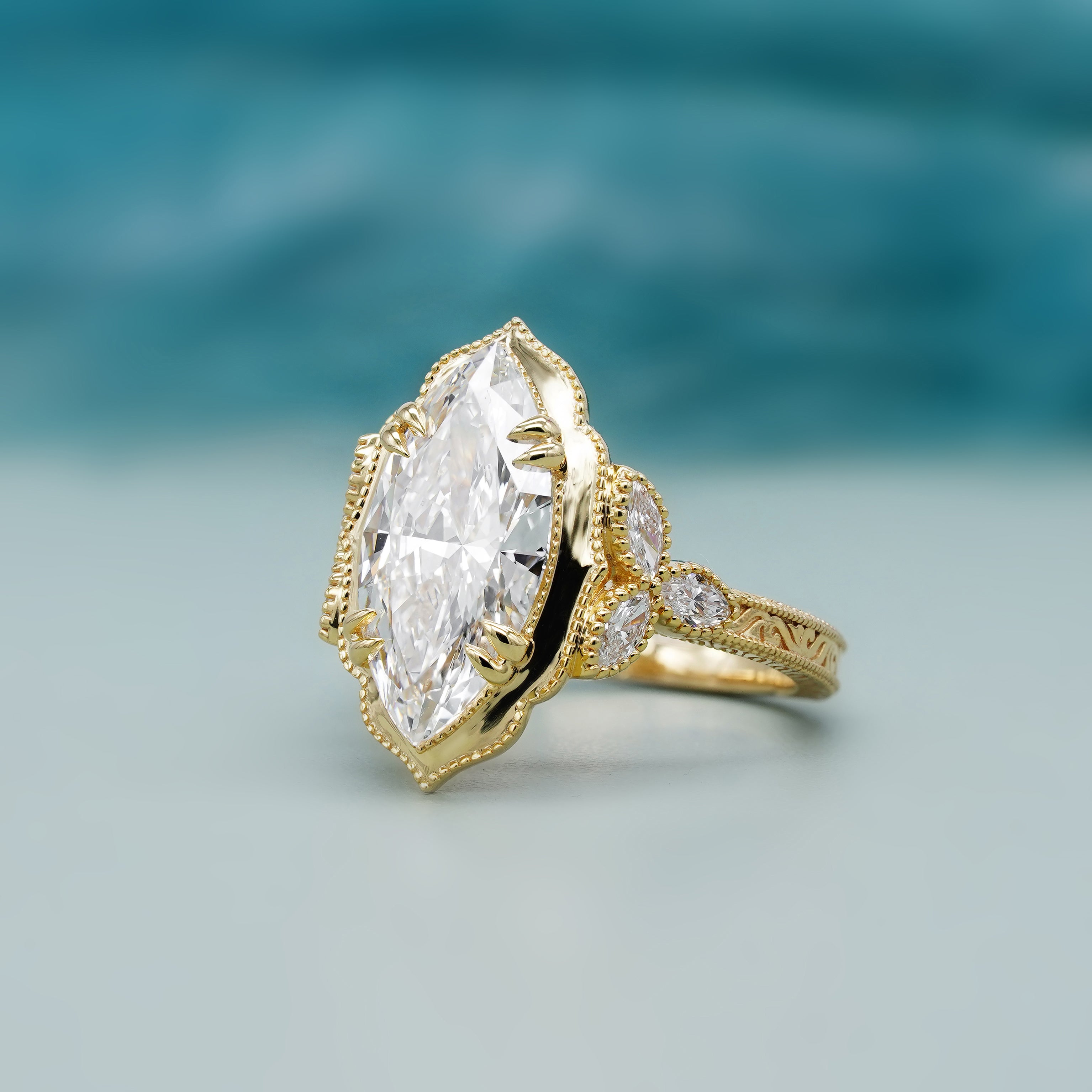 Marquise 2.40tcw Lab Grown Diamond Vintage Engagement Ring | Side Stone Cathedral Setting | D-E-F Color | VVS–VS Clarity | IGI Certified