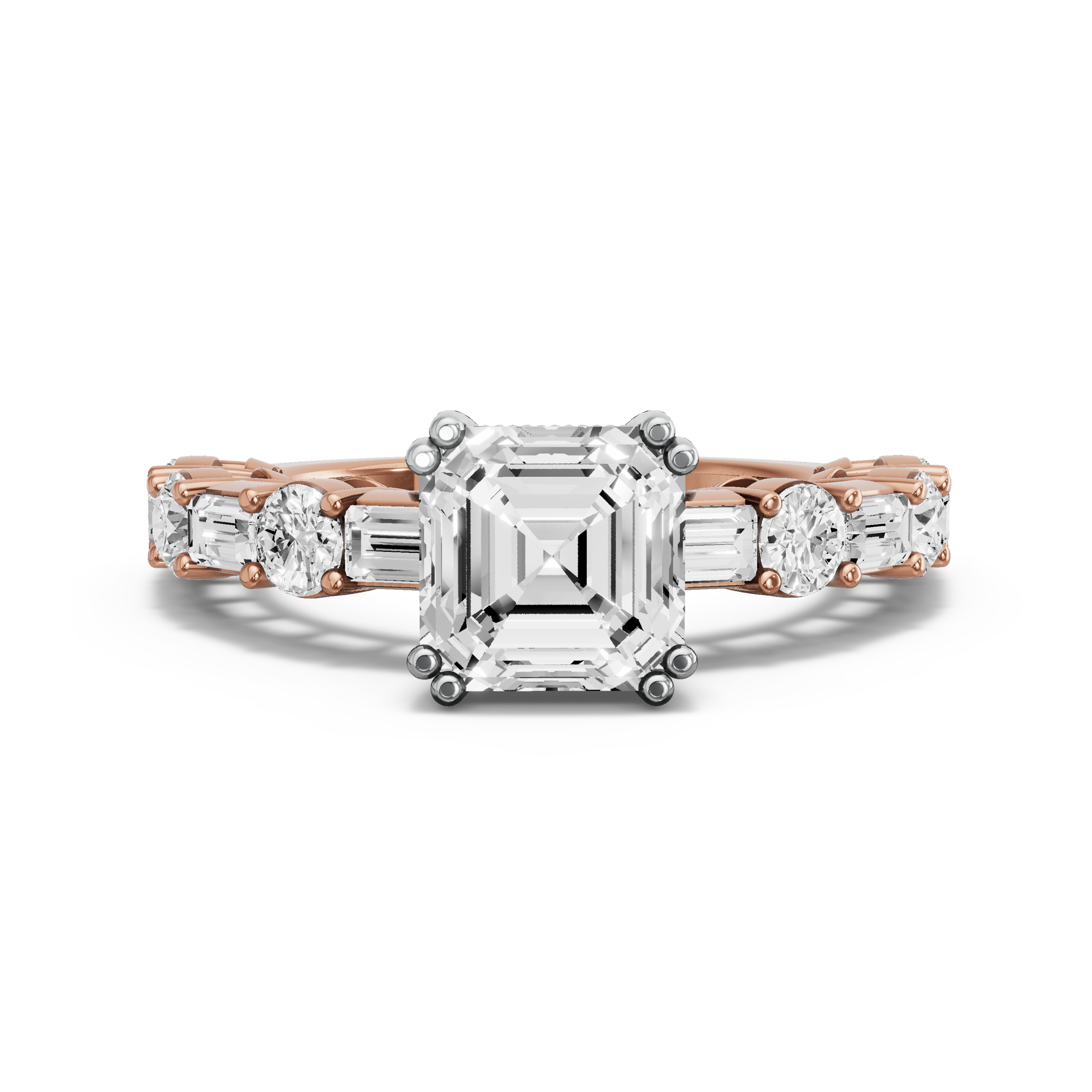 Image for Asscher Vintage Basket Ring with Alternating Baguette band in 14K Two Tone Rose Gold