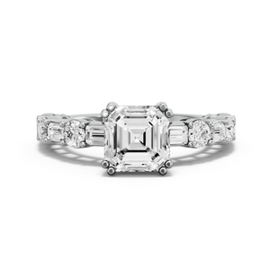 Image for Asscher Vintage Basket Ring with Alternating Baguette band in 14K White Gold