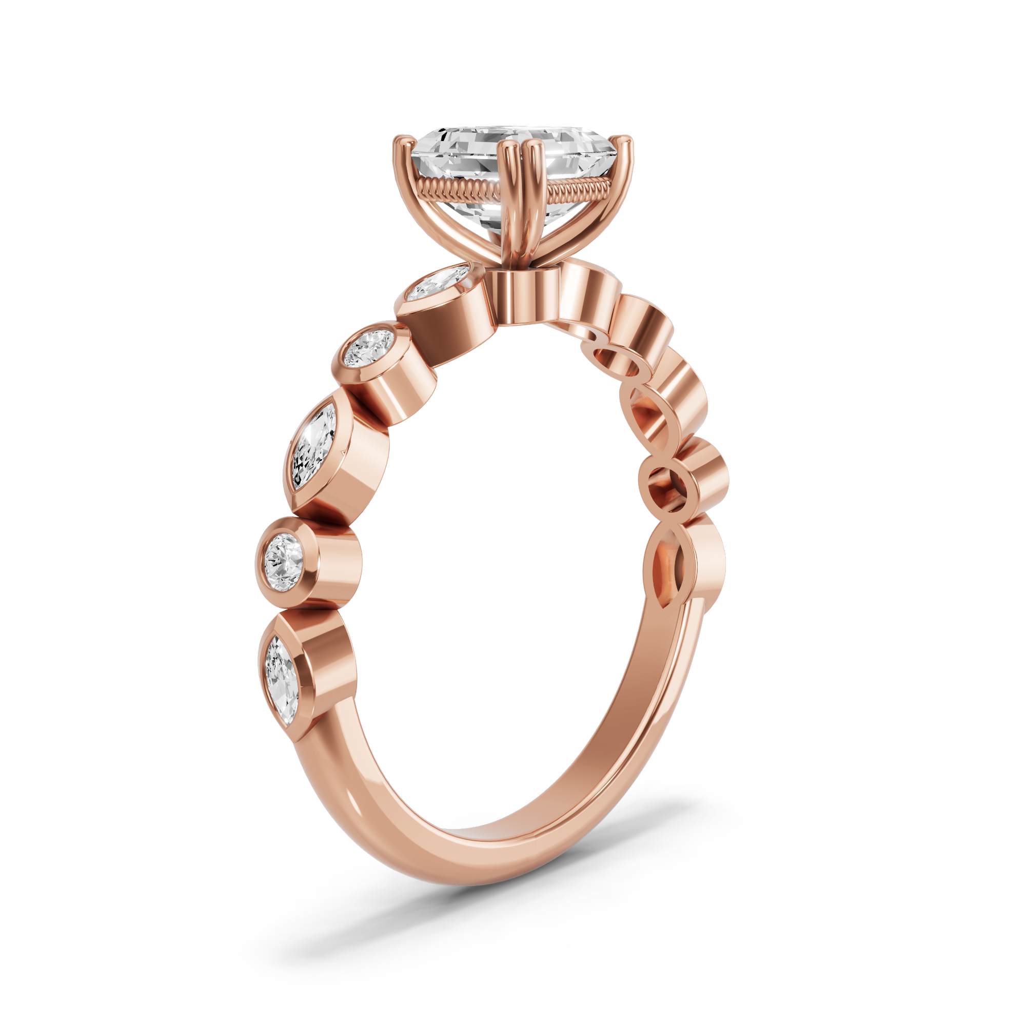 Image for Asscher Vintage Basket Ring with Alternating Marquise band