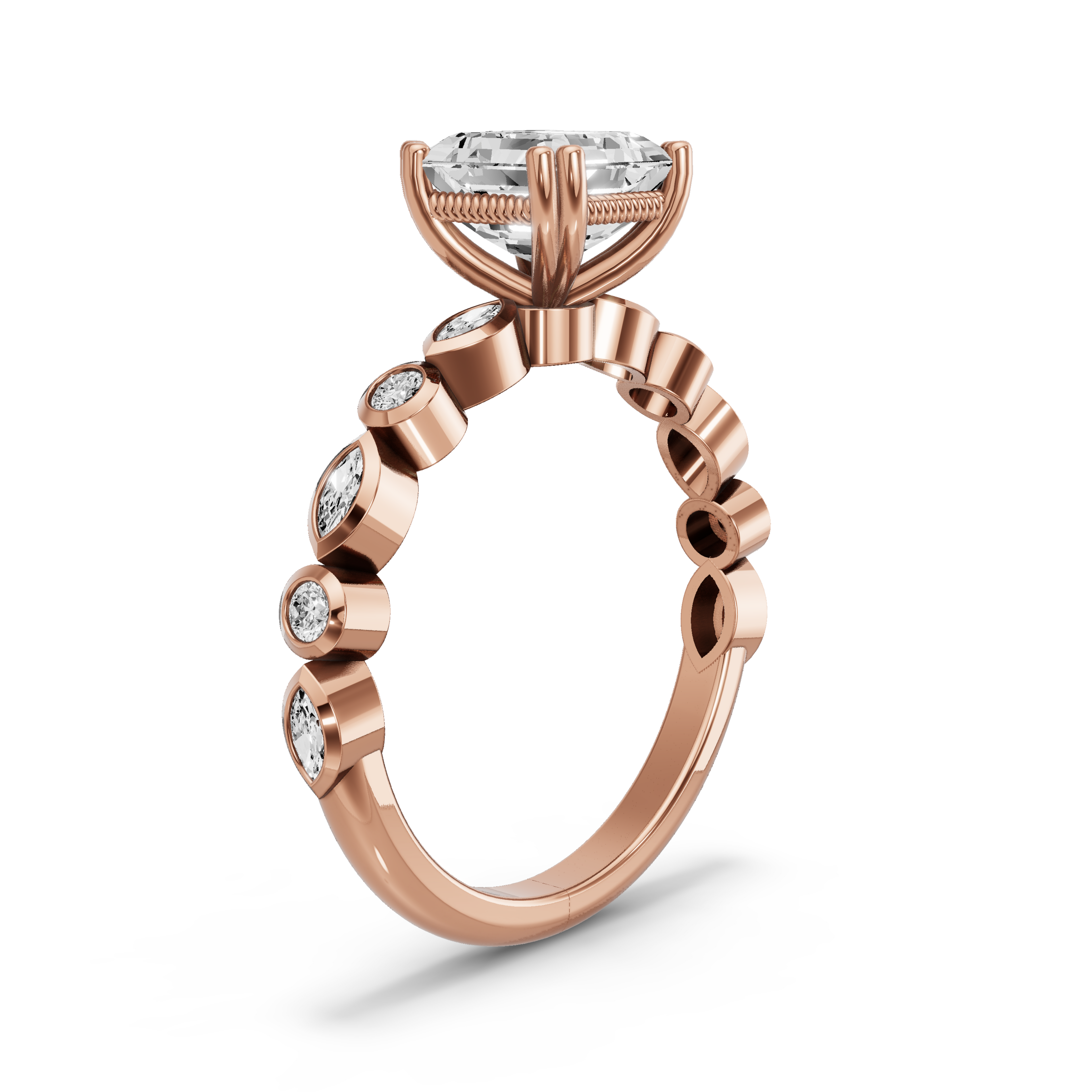 Image for Asscher Vintage Basket Ring with Alternating Marquise band in 14K Yellow Gold