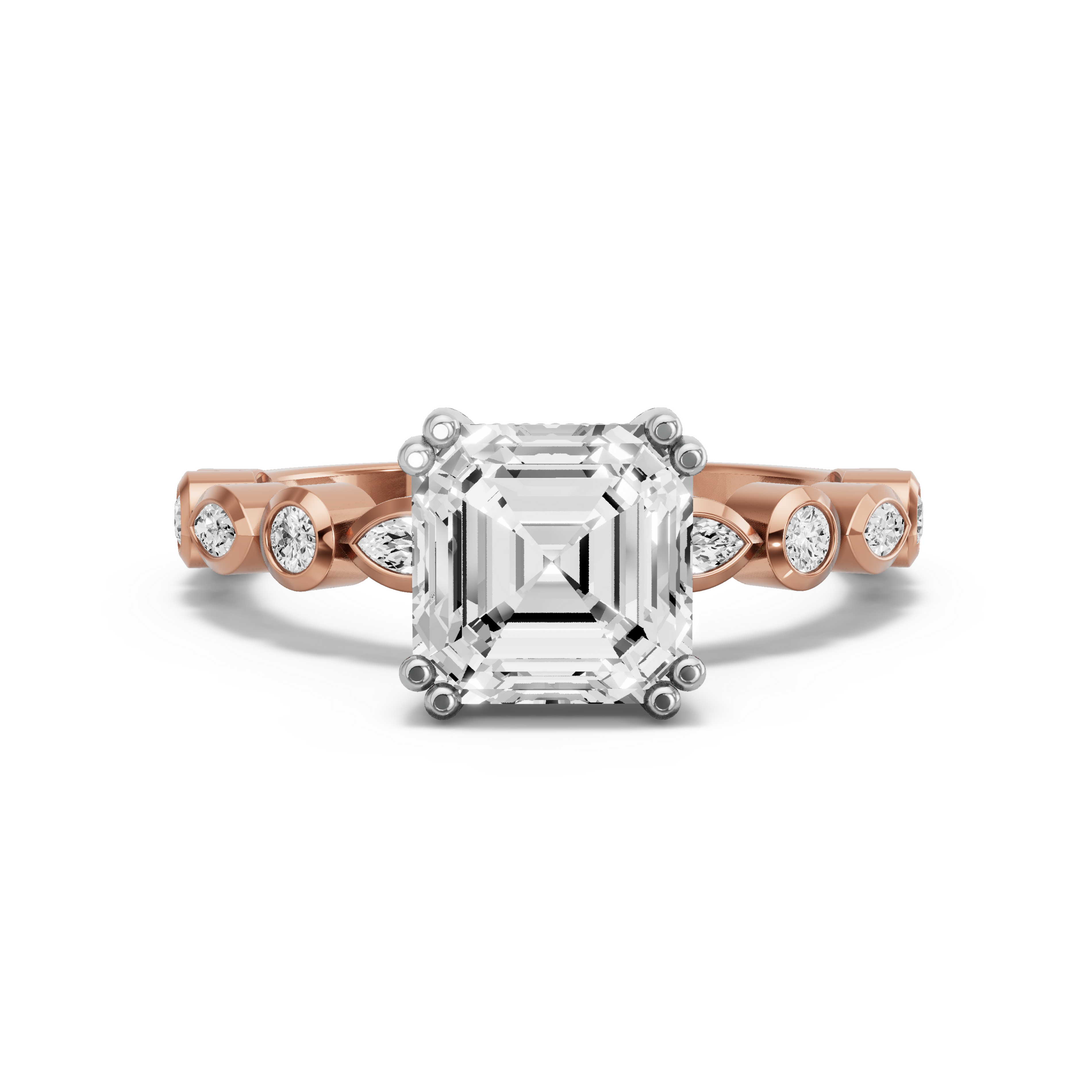 Image for Asscher Vintage Basket Ring with Alternating Marquise band in 10K Two Tone Rose Gold