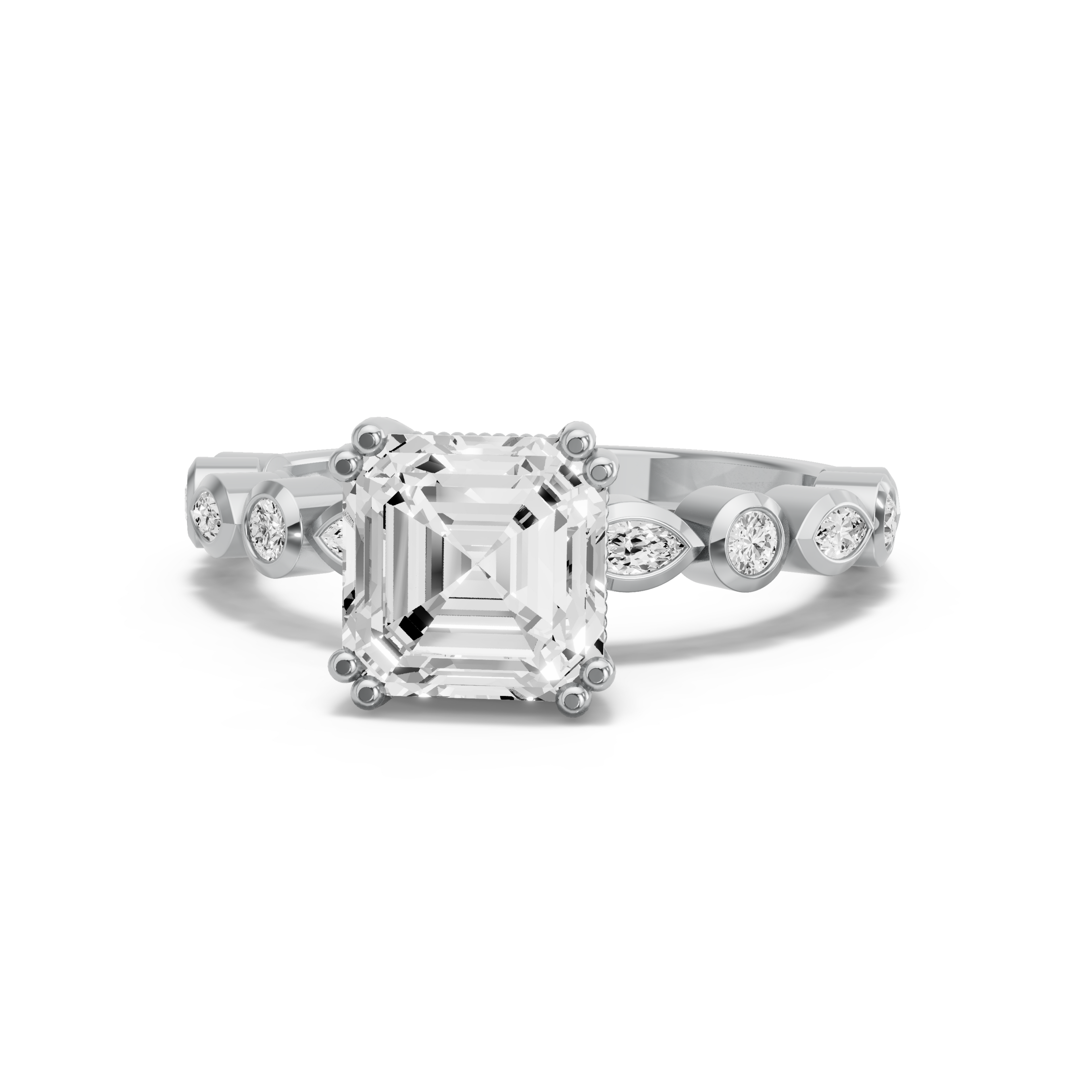 Image for Asscher Vintage Basket Ring with Alternating Baguette band in 950 Platinum