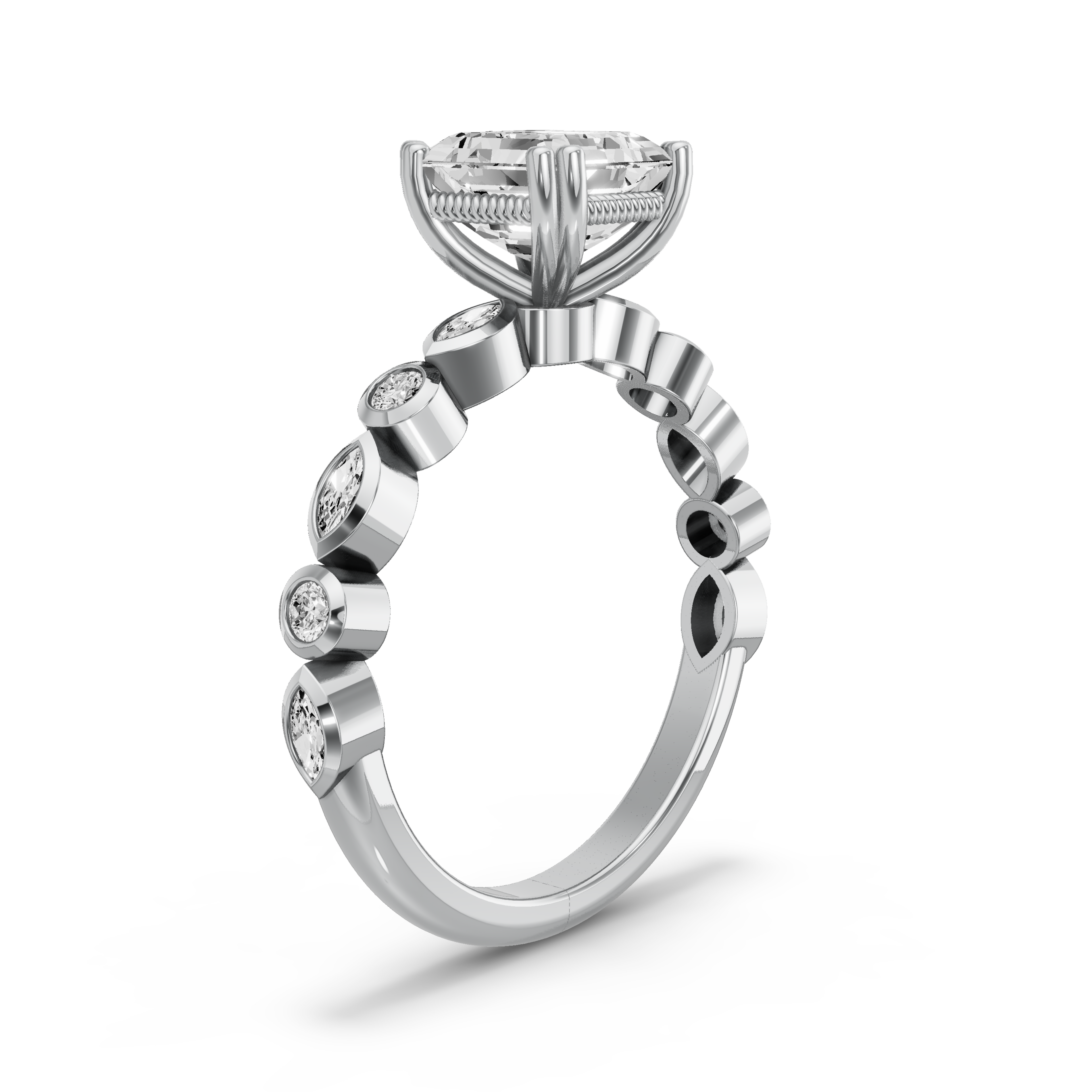Image for Asscher Vintage Basket Ring with Alternating Baguette band in 950 Platinum