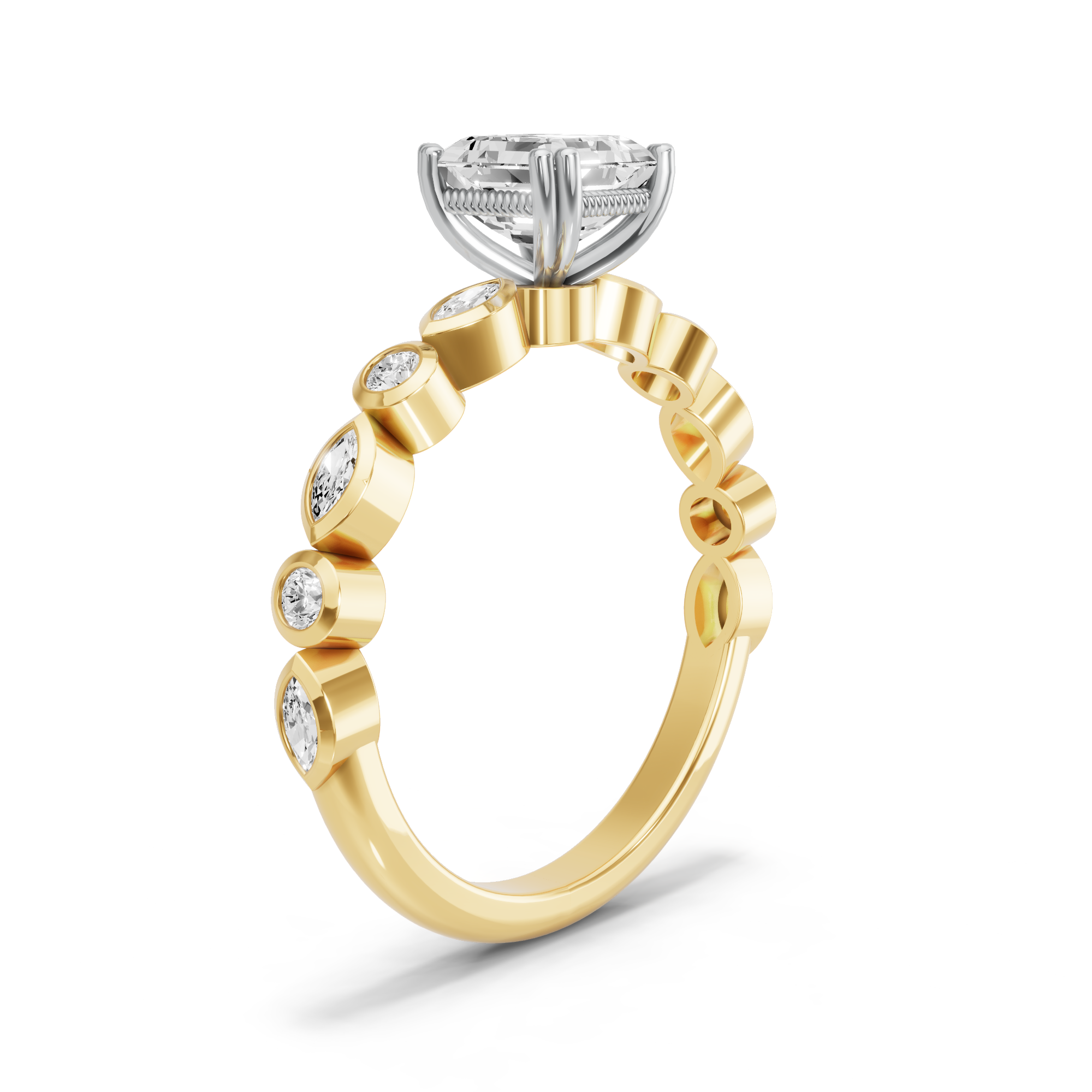 Image for Asscher Vintage Basket Ring with Alternating Marquise band