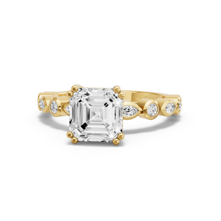 Image for Asscher Vintage Basket Ring with Alternating Marquise band in 14K White Gold