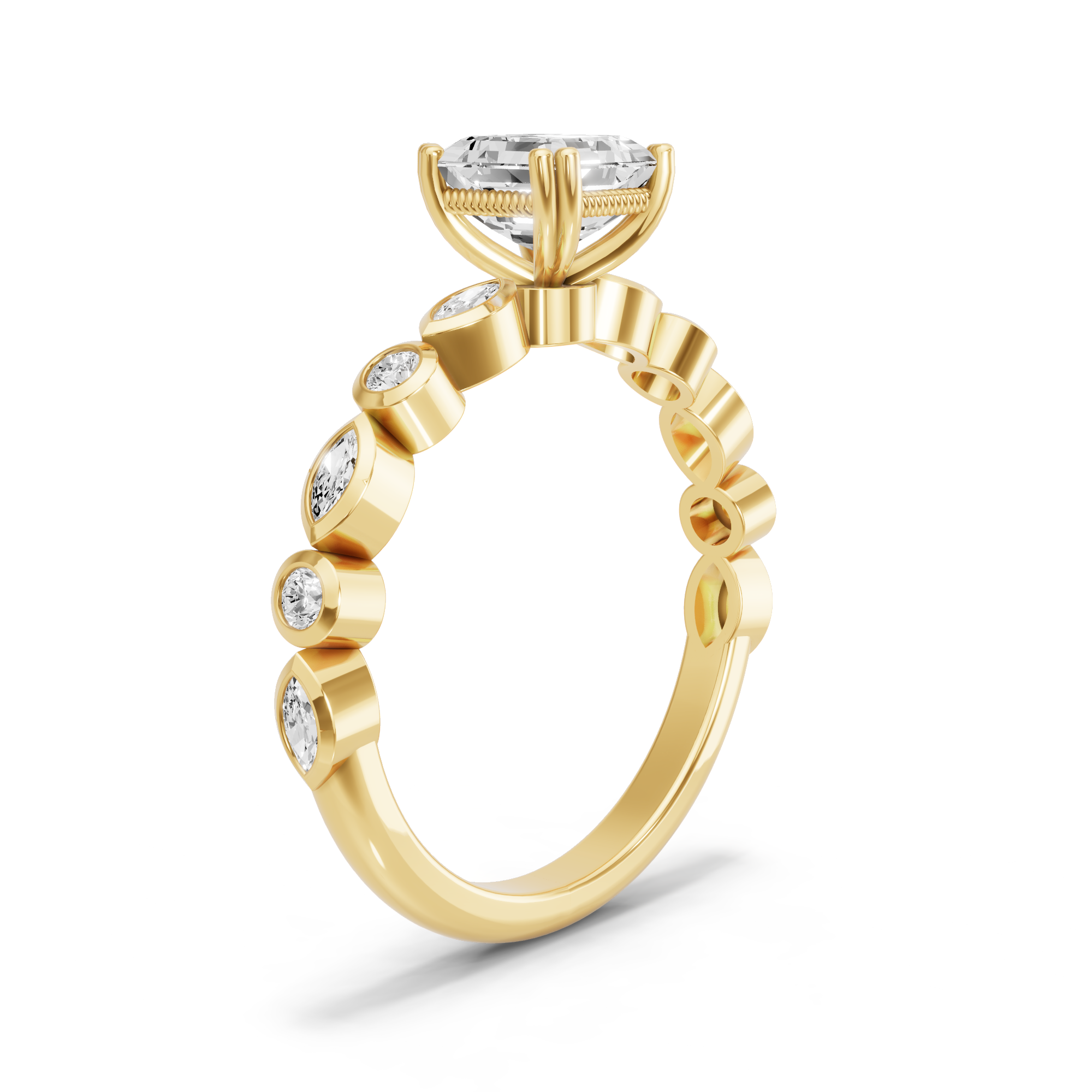 Image for Asscher Vintage Basket Ring with Alternating Marquise band