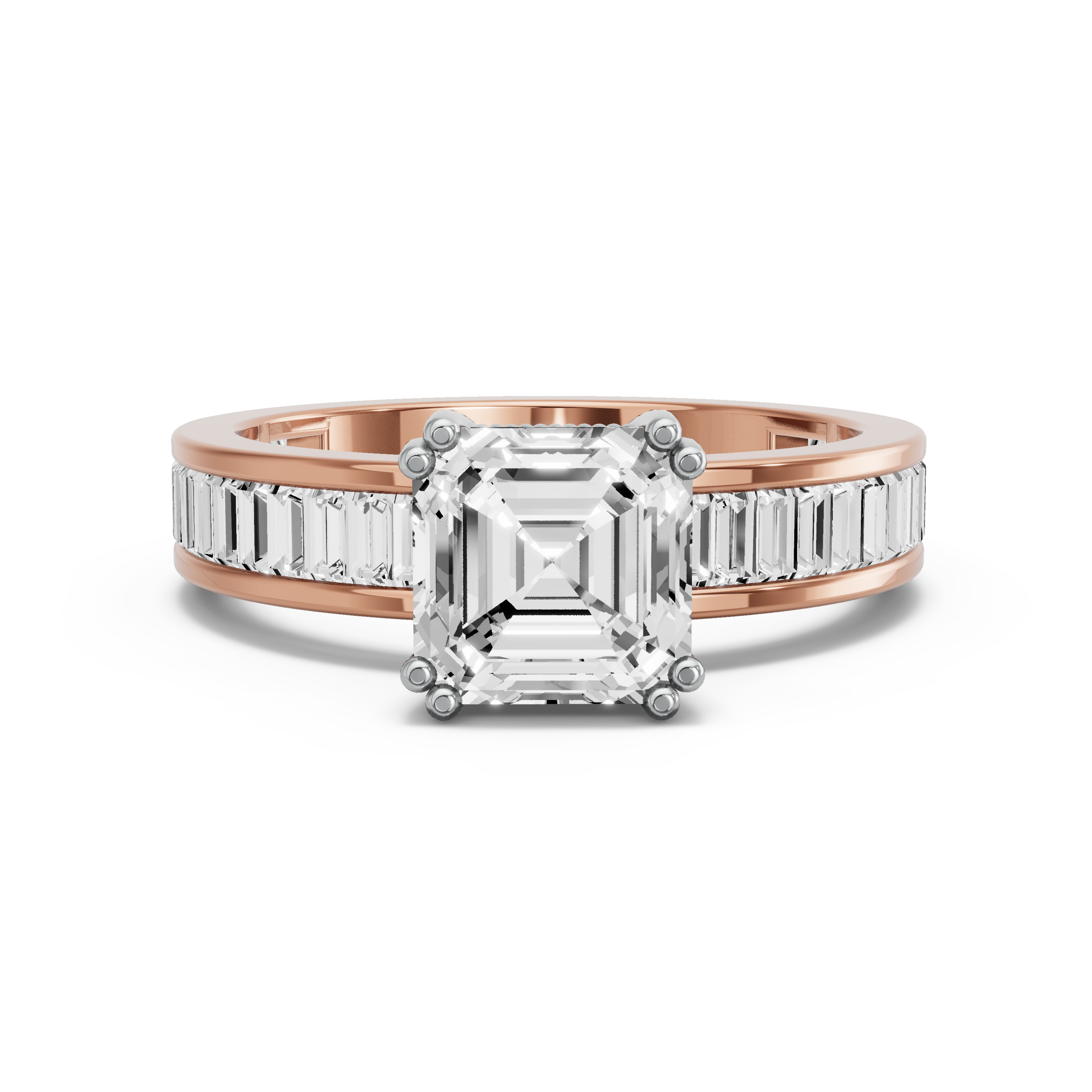 Image for Asscher Vintage Basket Ring with Baguette Channel band in 14K Two Tone Rose Gold