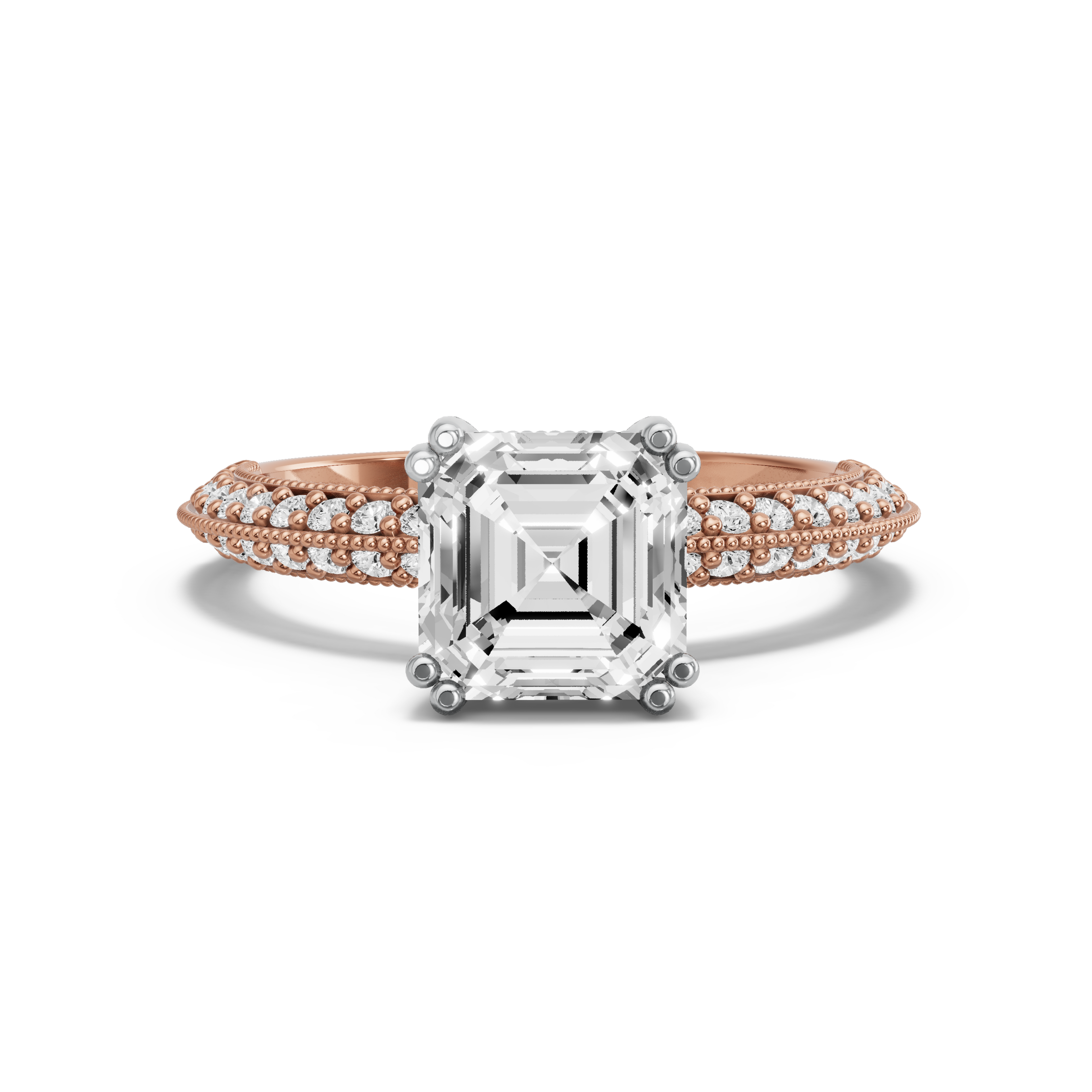 Image for Asscher Vintage Basket Ring with Knife Edge Pave band in 18K Two Tone Rose Gold