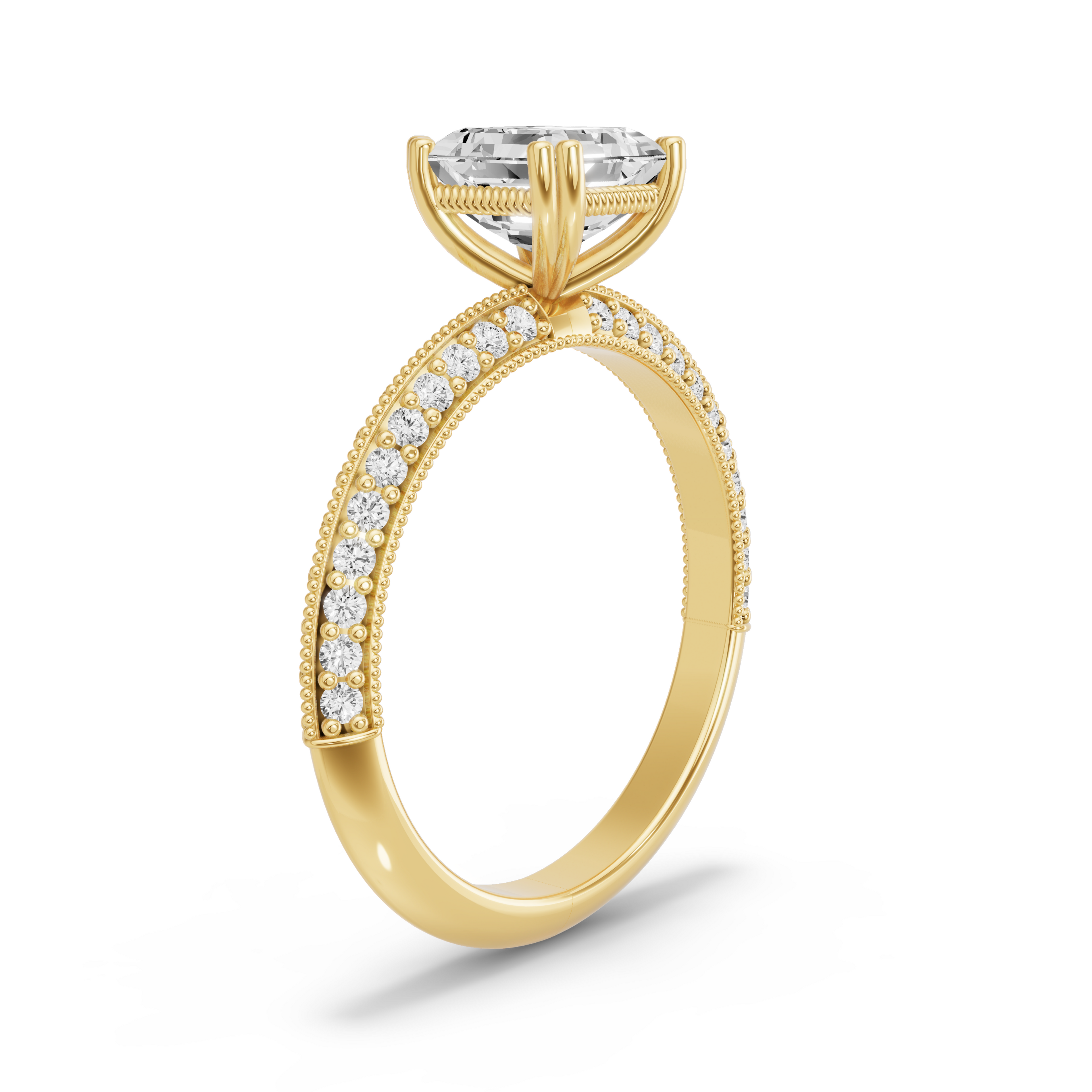 Image for Asscher Vintage Basket Ring with Knife Edge Pave band in 10K White Gold