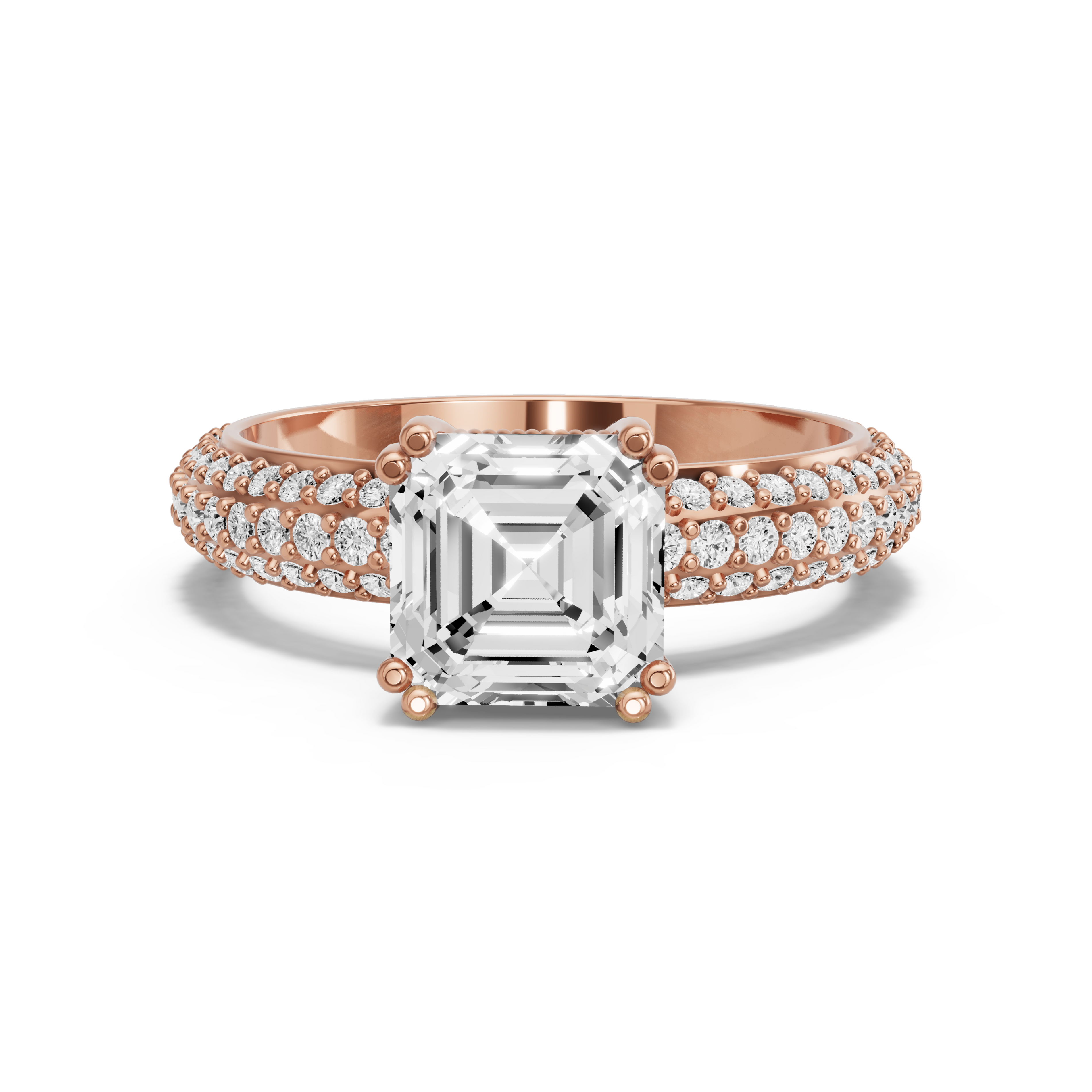 Image for Asscher Vintage Basket Ring with Triple Row Pave band in 14K Yellow Gold