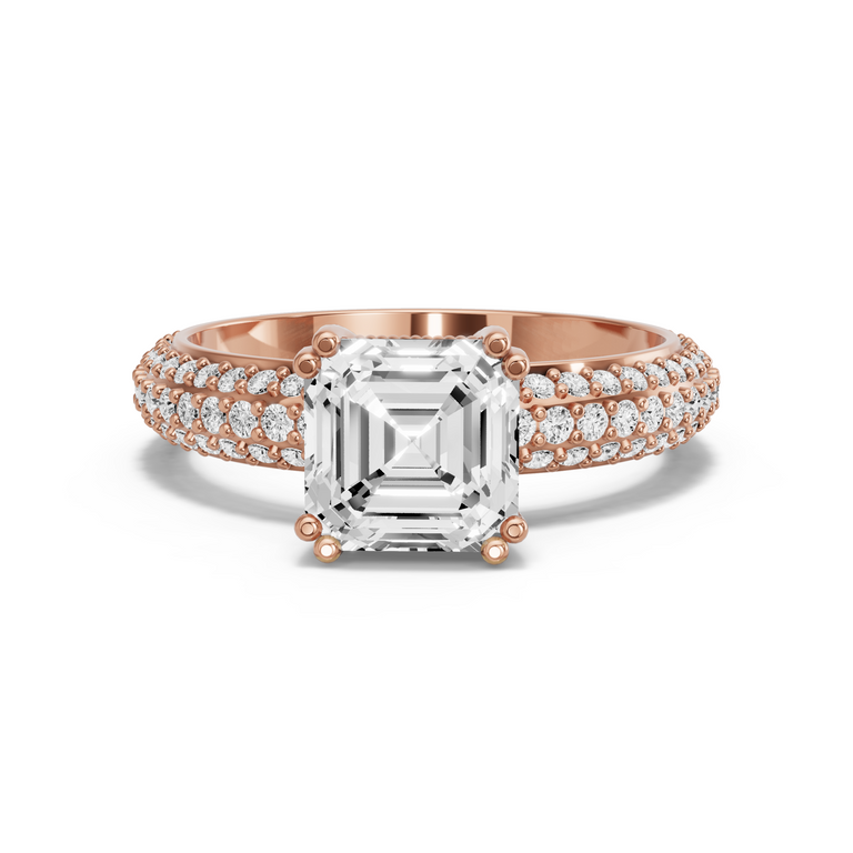 Image for Asscher Vintage Basket Ring with Triple Row Pave band in 14K Yellow Gold