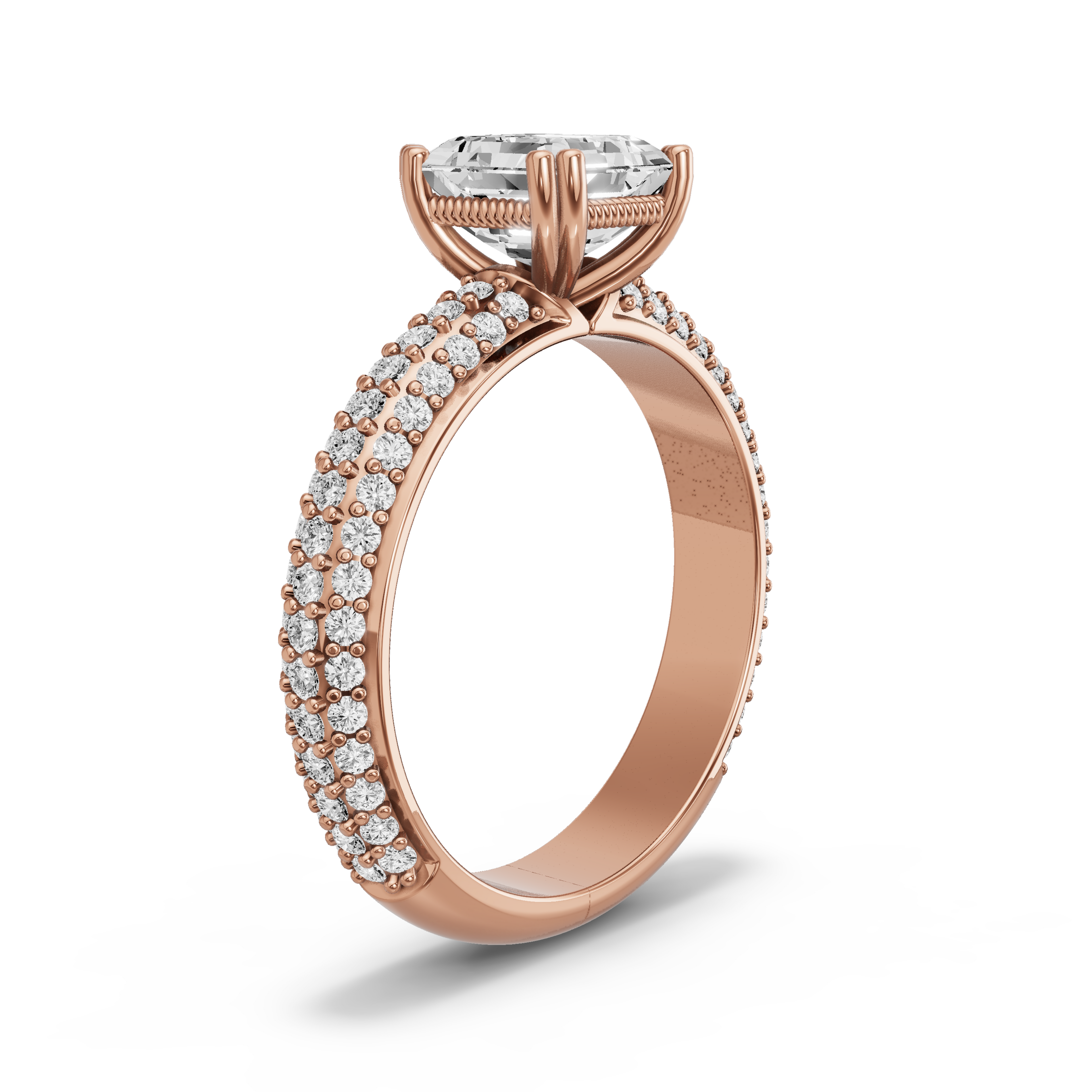 Image for Asscher Vintage Basket Ring with Triple Row Pave band in 14K Yellow Gold