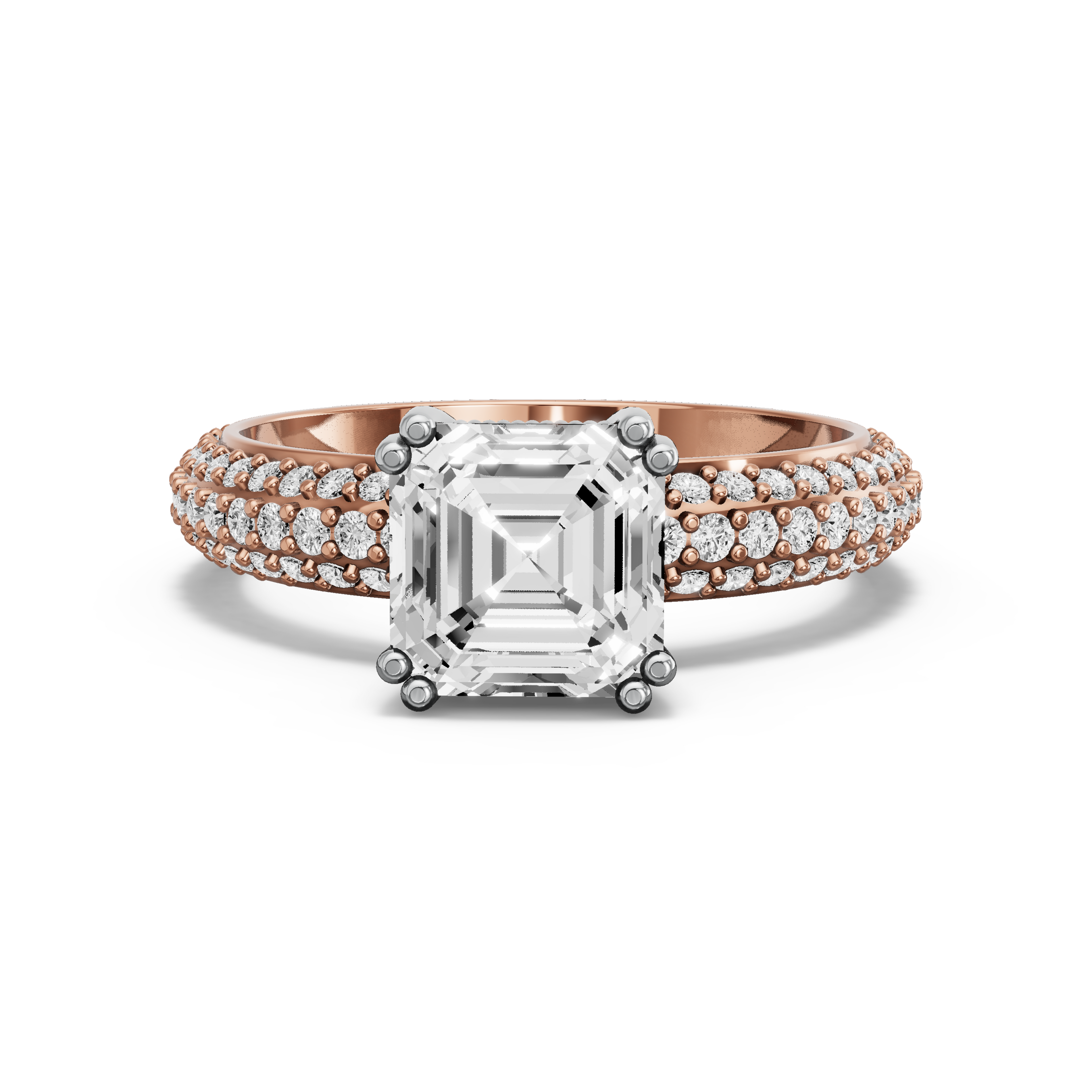 Image for Asscher Vintage Basket Ring with Triple Row Pave band in 18K Two Tone Rose Gold