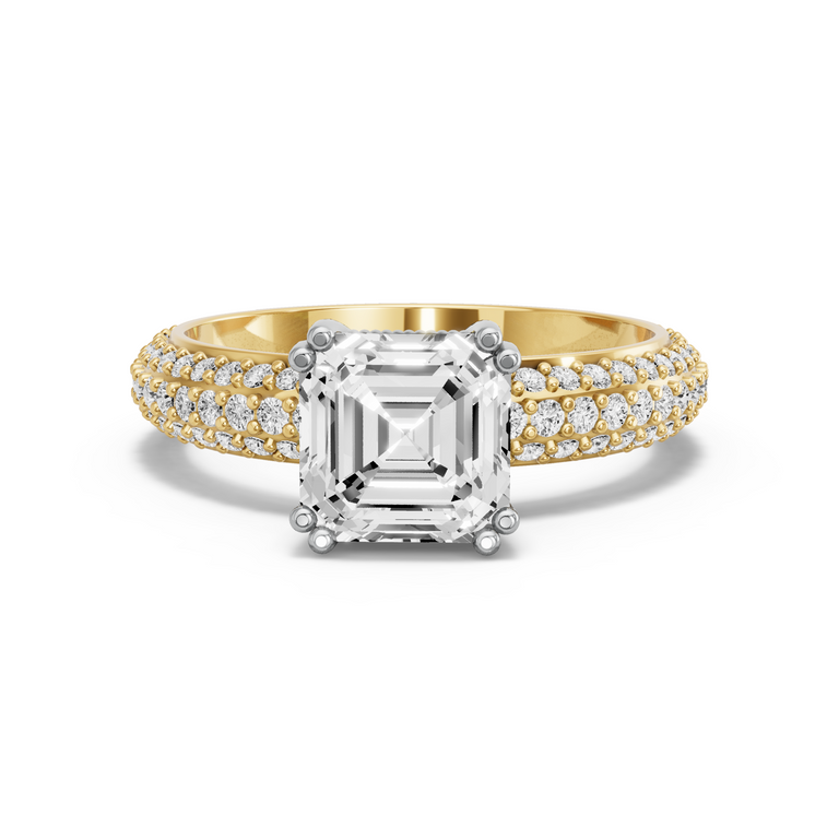 Image for Asscher Vintage Basket Ring with Triple Row Pave band in 18K Rose Gold