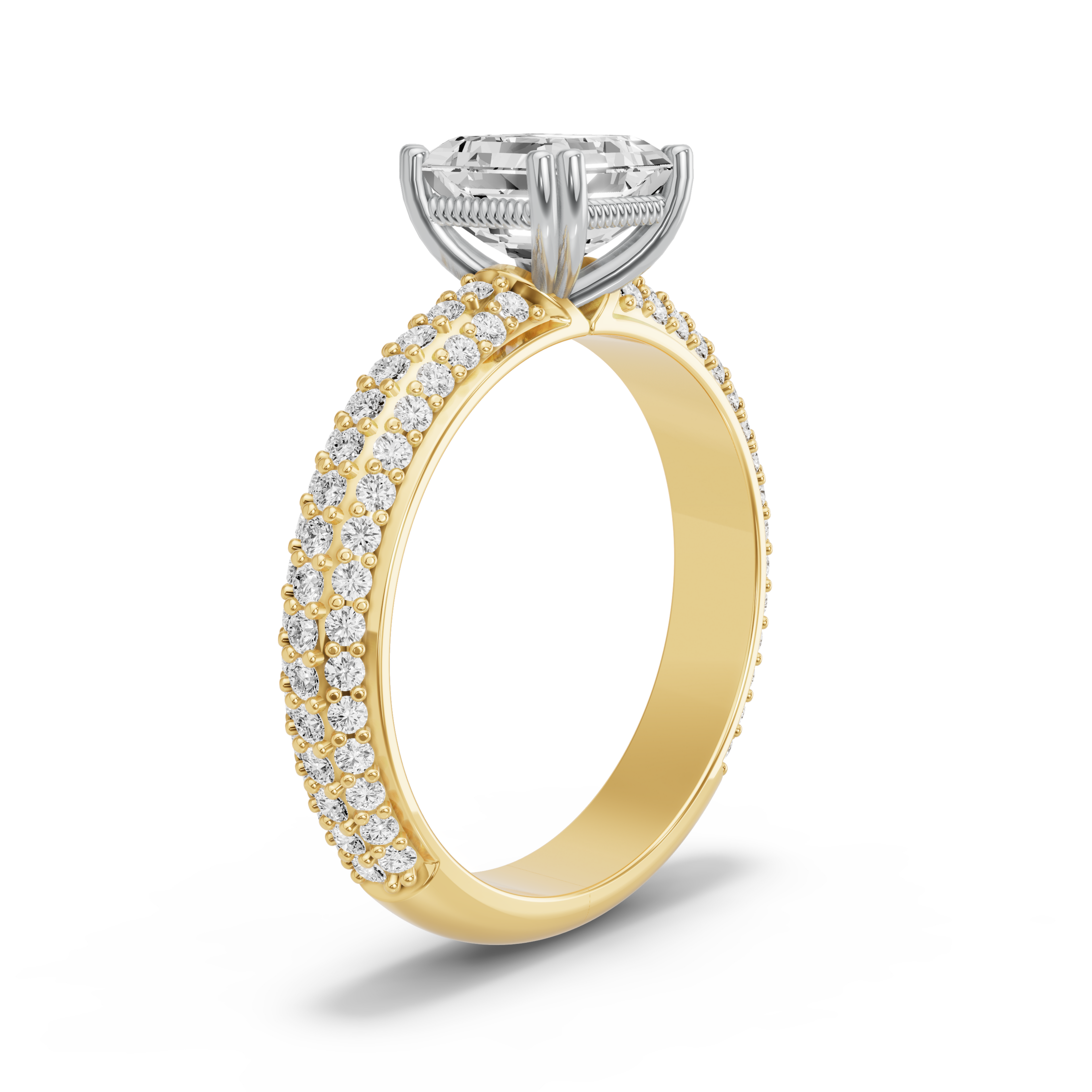 Image for Asscher Vintage Basket Ring with Triple Row Pave band in 10K Rose Gold