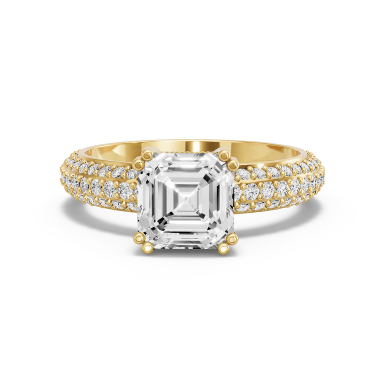Image for Asscher Vintage Basket Ring with Triple Row Pave band in 14K White Gold