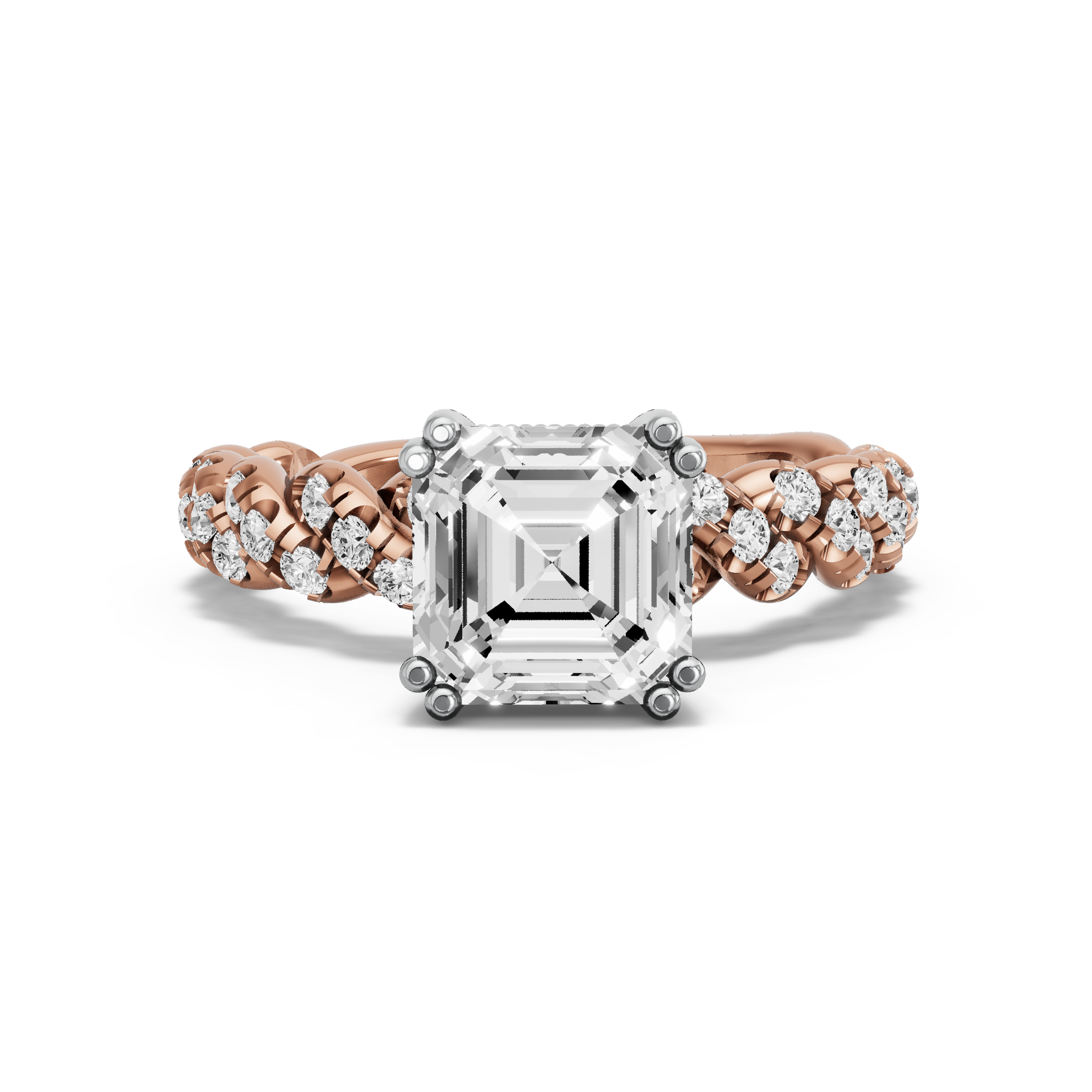 Image for Asscher Vintage Basket Ring with Twist Pave band in 10K Two Tone Rose Gold