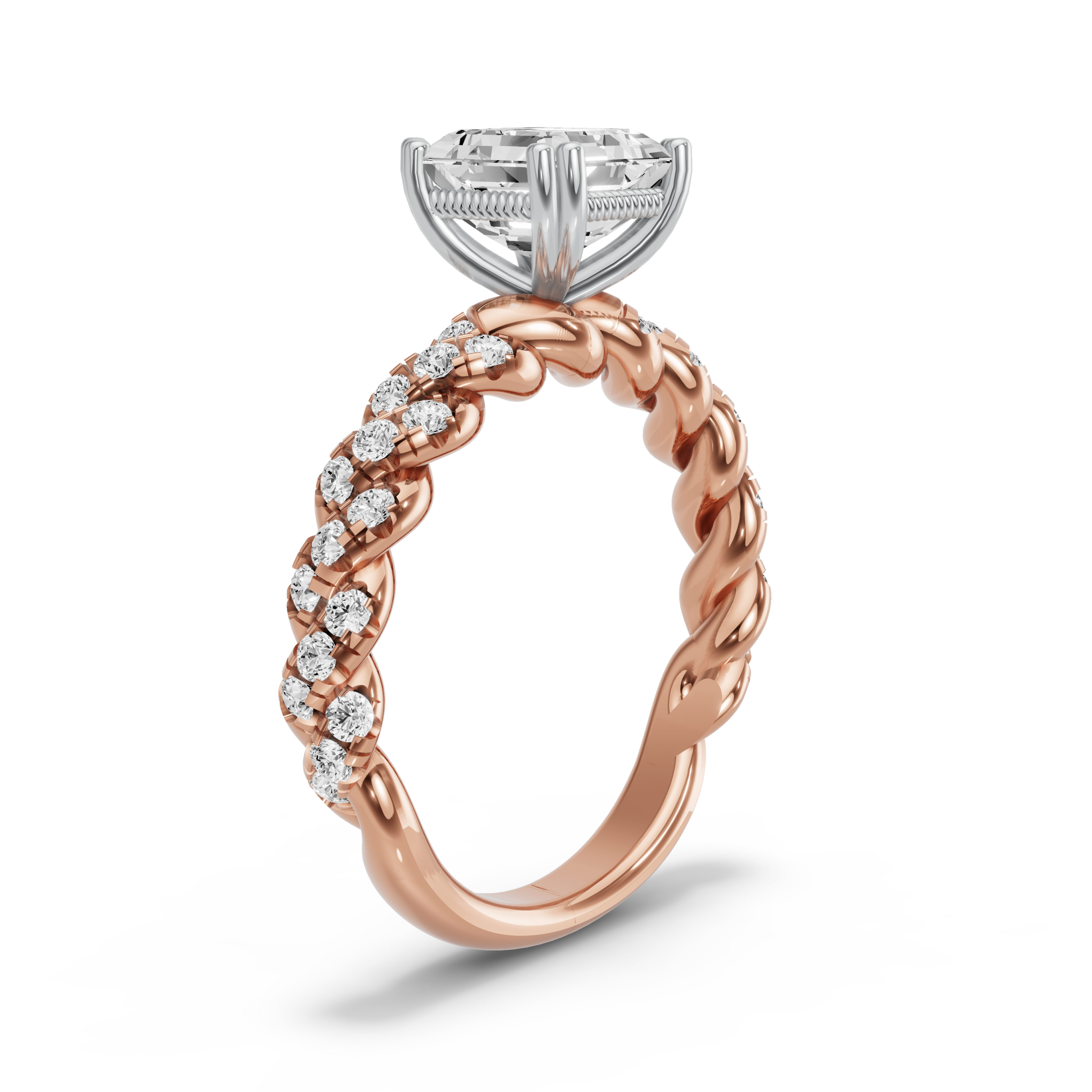 Image for Asscher Vintage Basket Ring with Twist Pave band in 14K Two Tone Yellow Gold