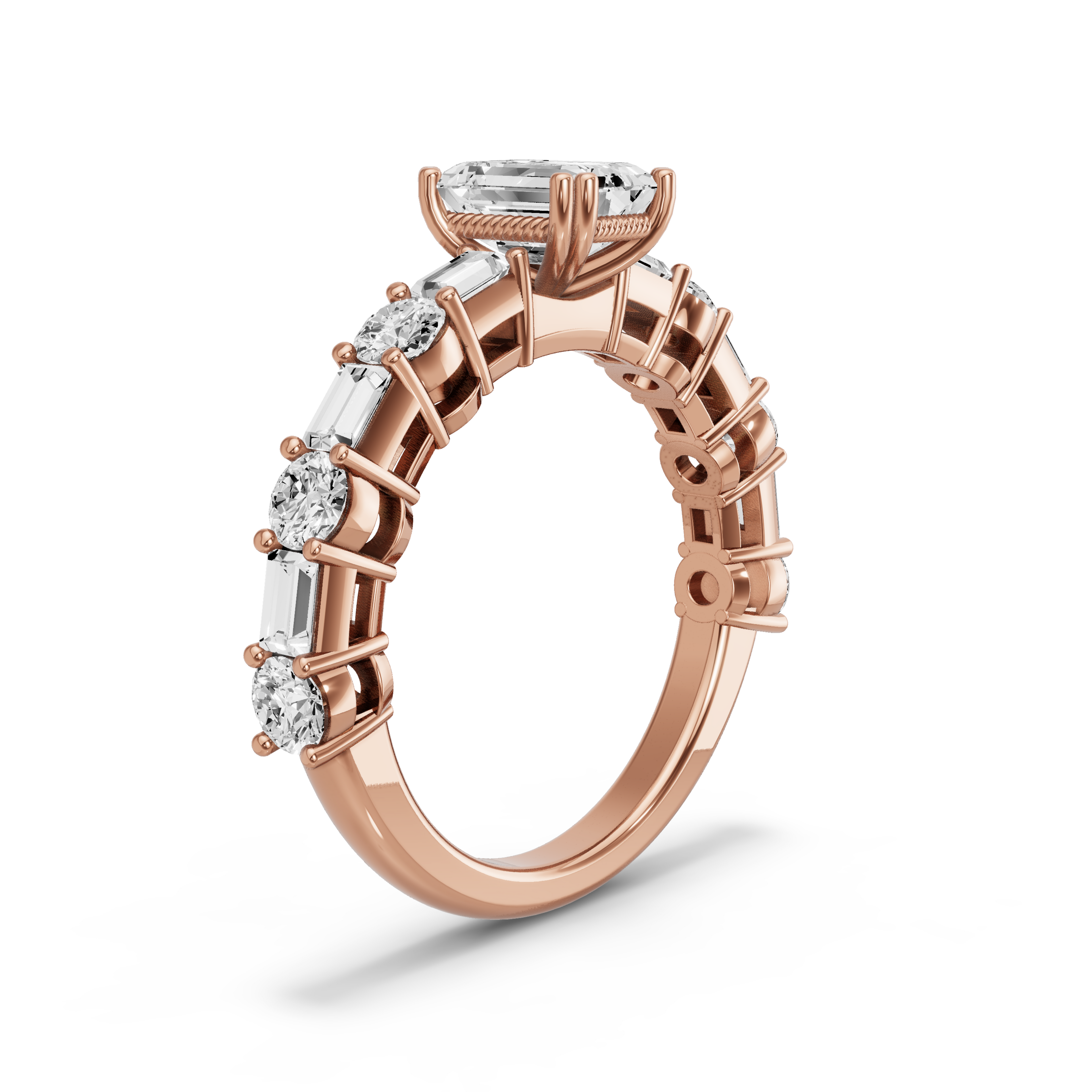 Image for Emerald Vintage Basket Ring with Alternating Baguette band in 14K Rose Gold