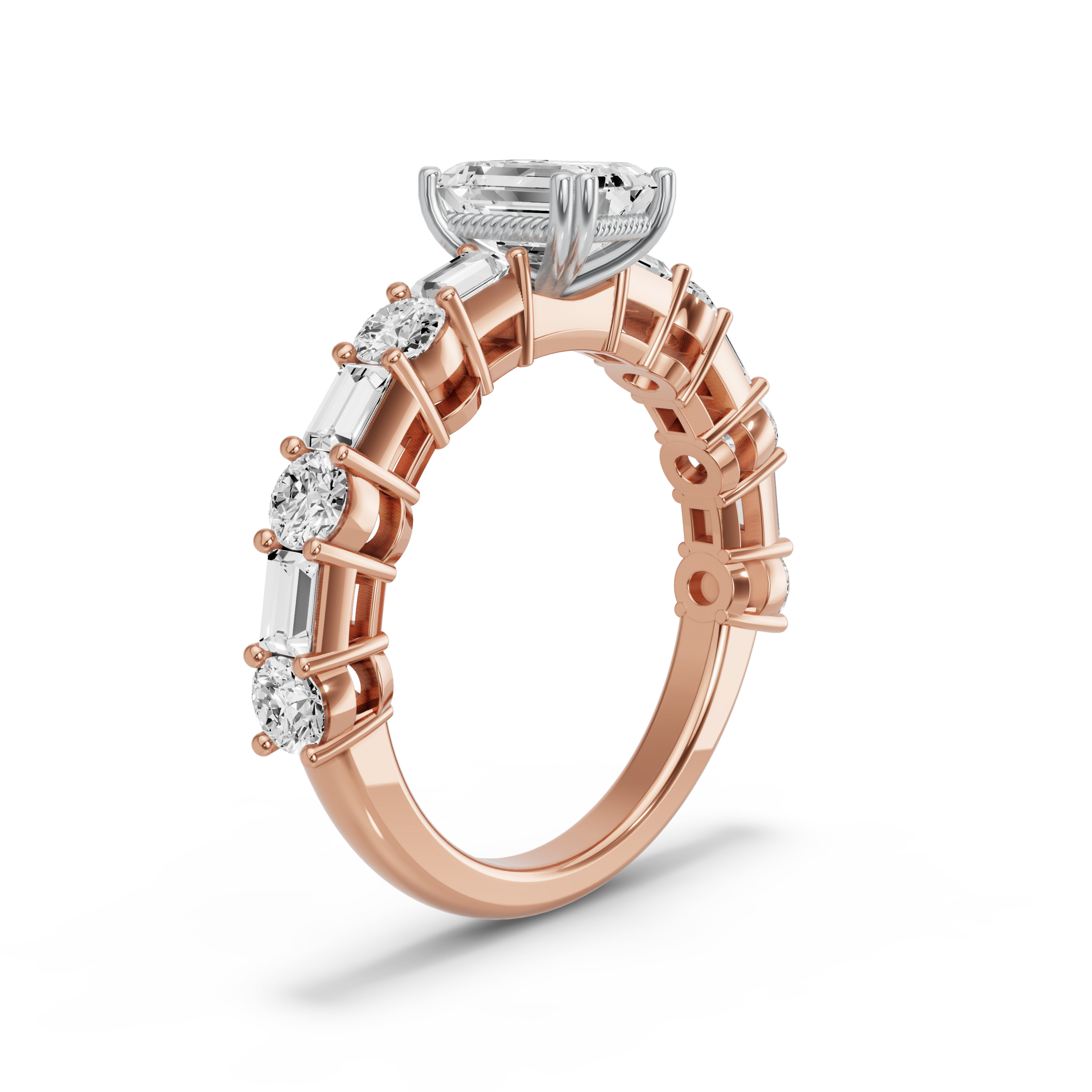 Image for Emerald Vintage Basket Ring with Alternating Baguette band in 18K Two Tone Rose Gold