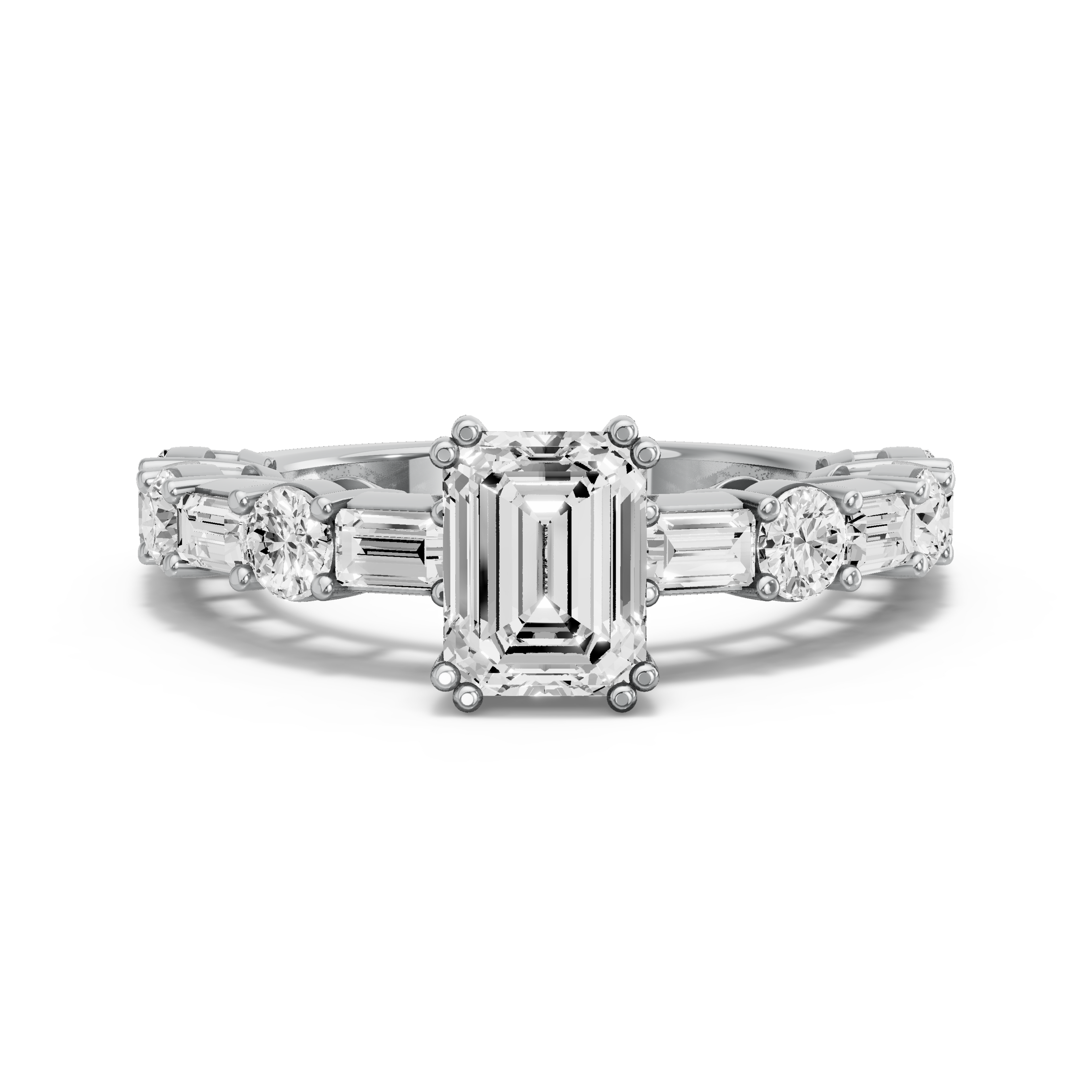 Image for Emerald Vintage Basket Ring with Alternating Baguette band in 18K White Gold