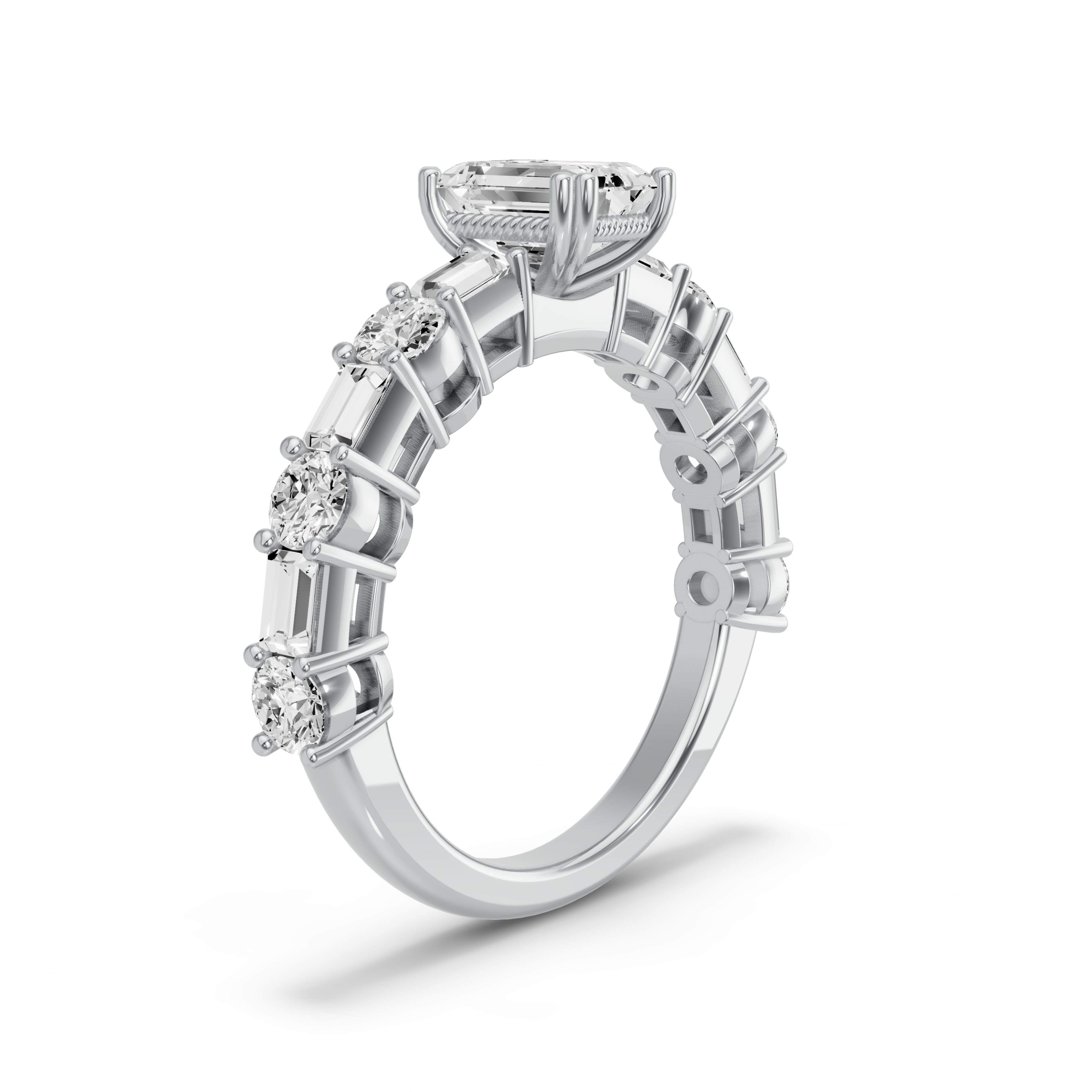 Image for Emerald Vintage Basket Ring with Alternating Baguette band in 18K White Gold