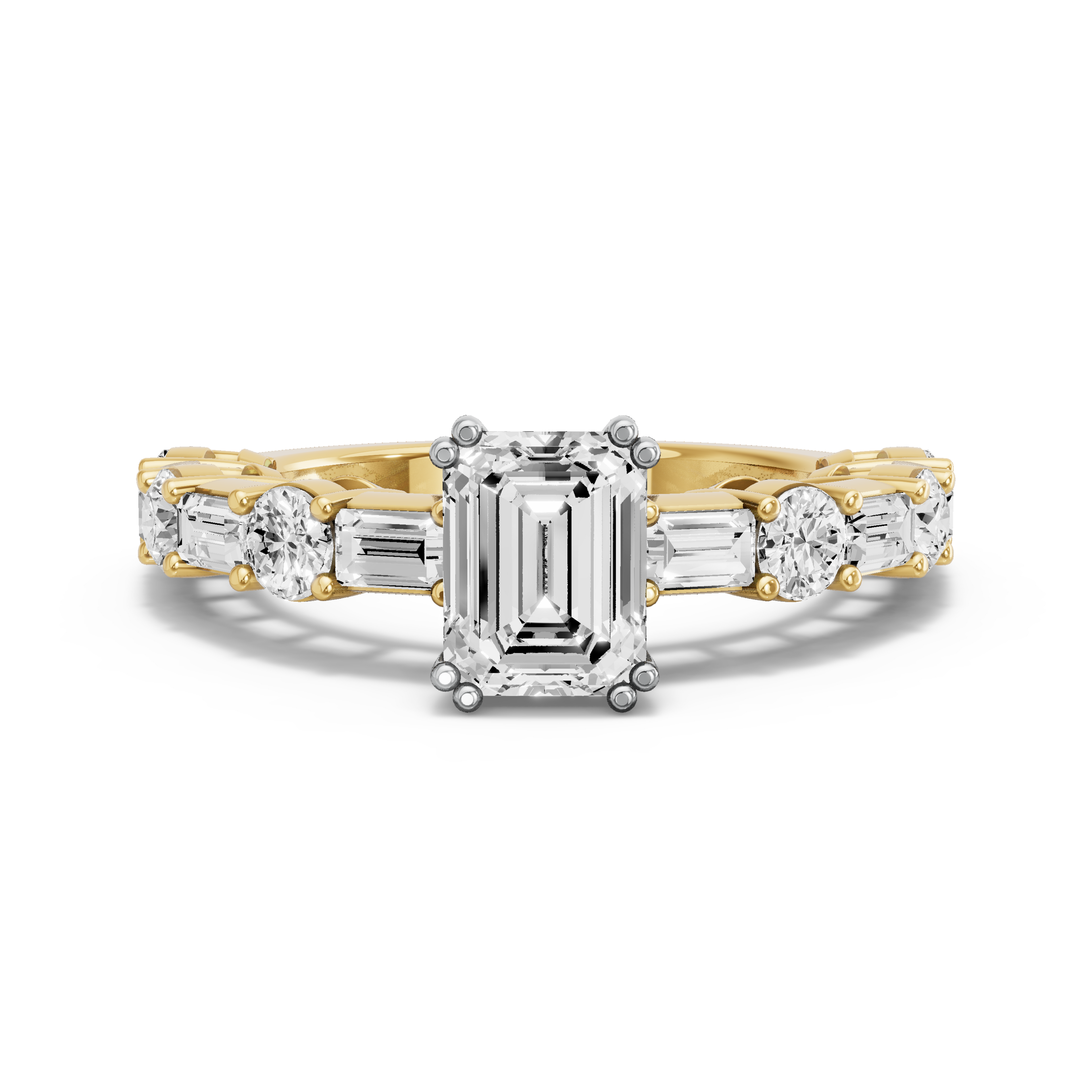 Image for Emerald Vintage Basket Ring with Alternating Baguette band in 14K Two Tone Yellow Gold