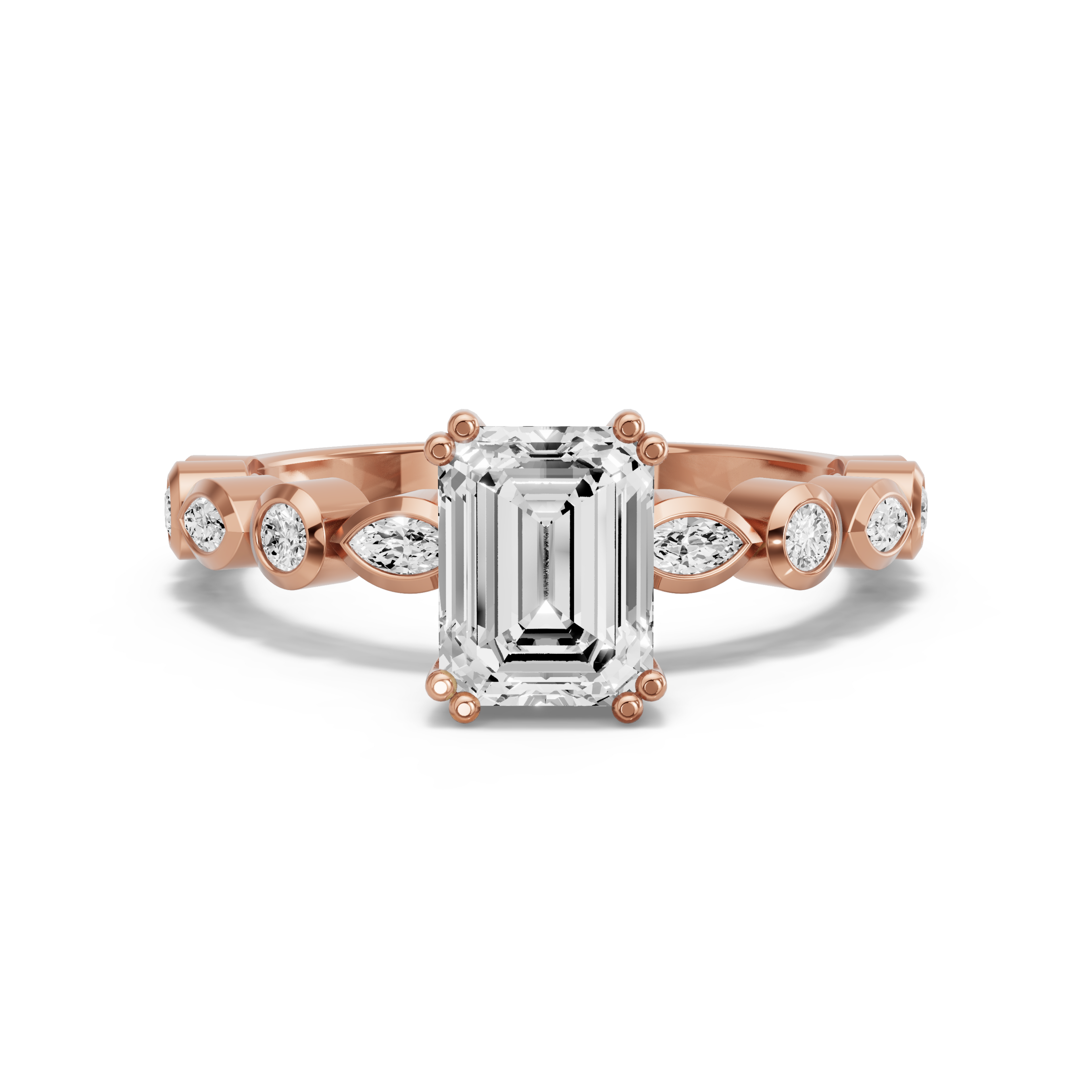 Image for Emerald Vintage Basket Ring with Alternating Marquise band in 18K Rose Gold