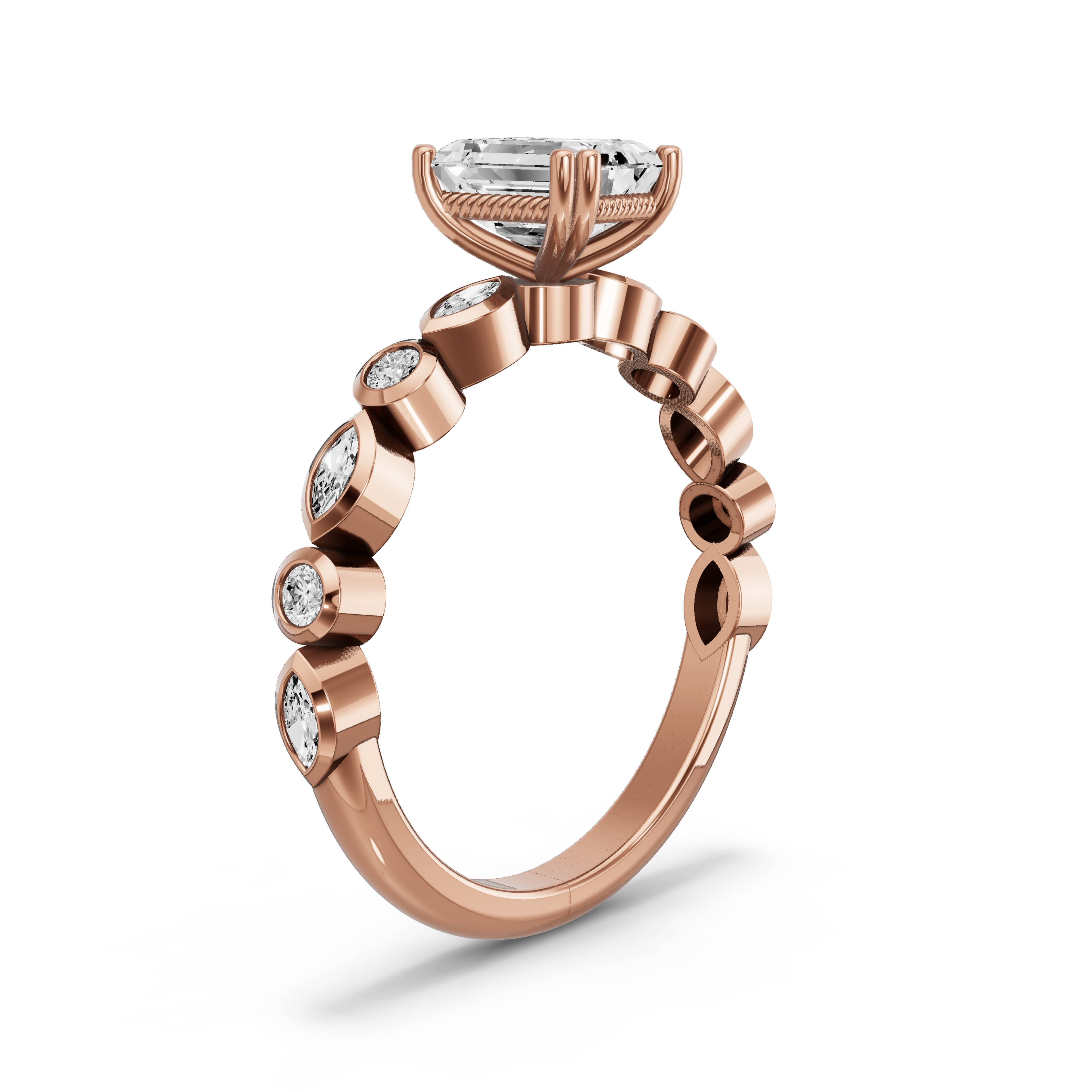 Image for Emerald Vintage Basket Ring with Alternating Marquise band in 10K Rose Gold