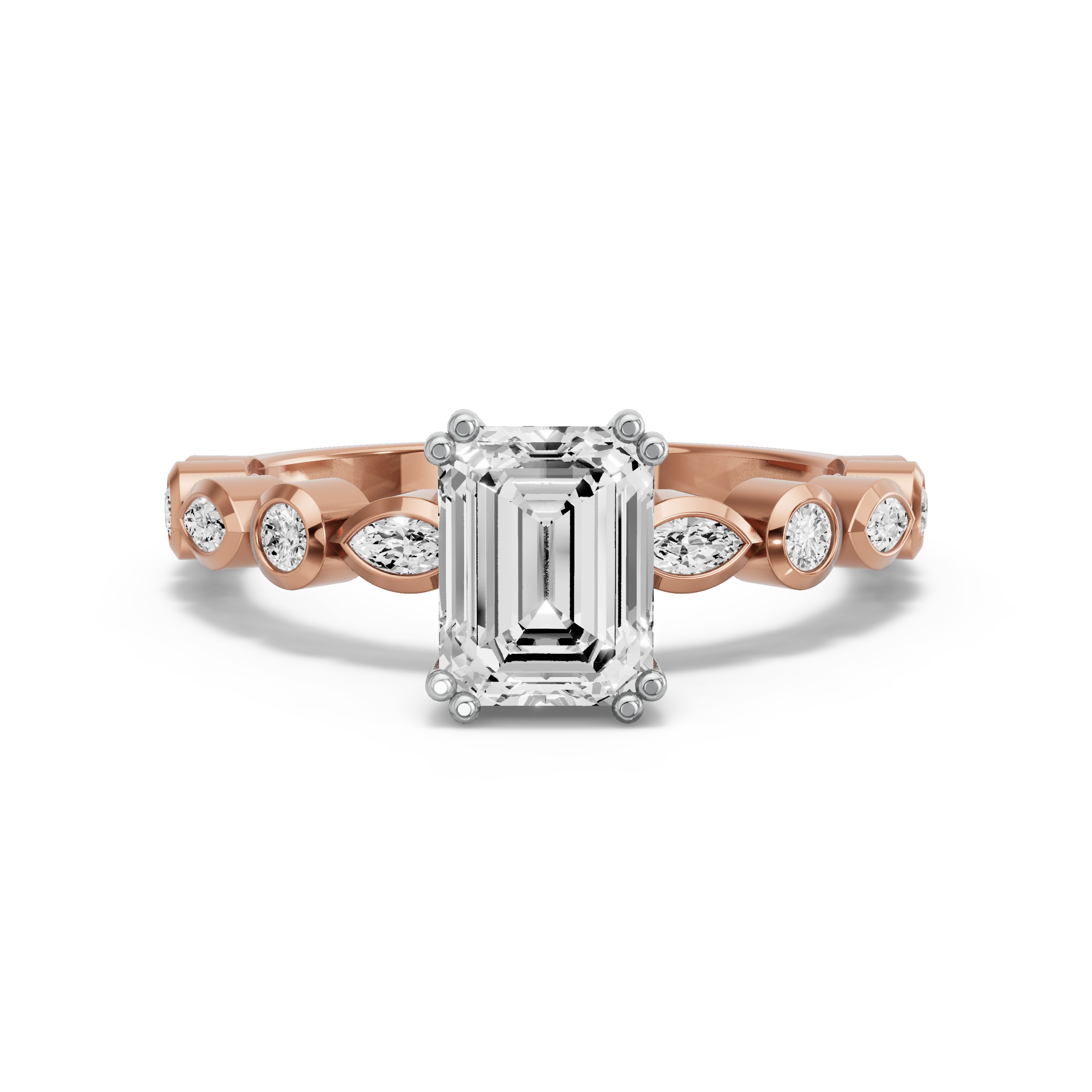 Image for Emerald Vintage Basket Ring with Alternating Marquise band in 18K Two Tone Rose Gold