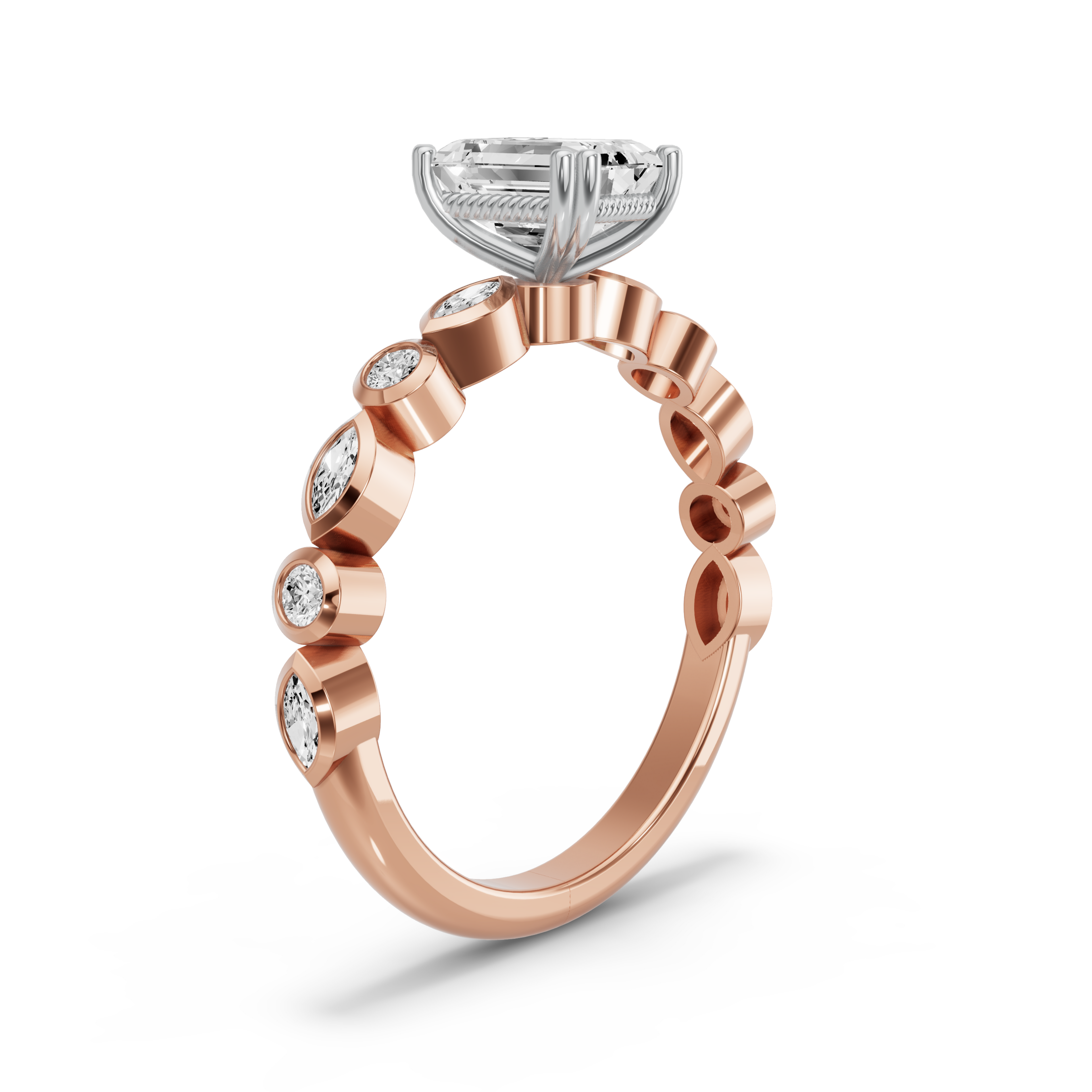 Image for Emerald Vintage Basket Ring with Alternating Marquise band in 18K Two Tone Rose Gold