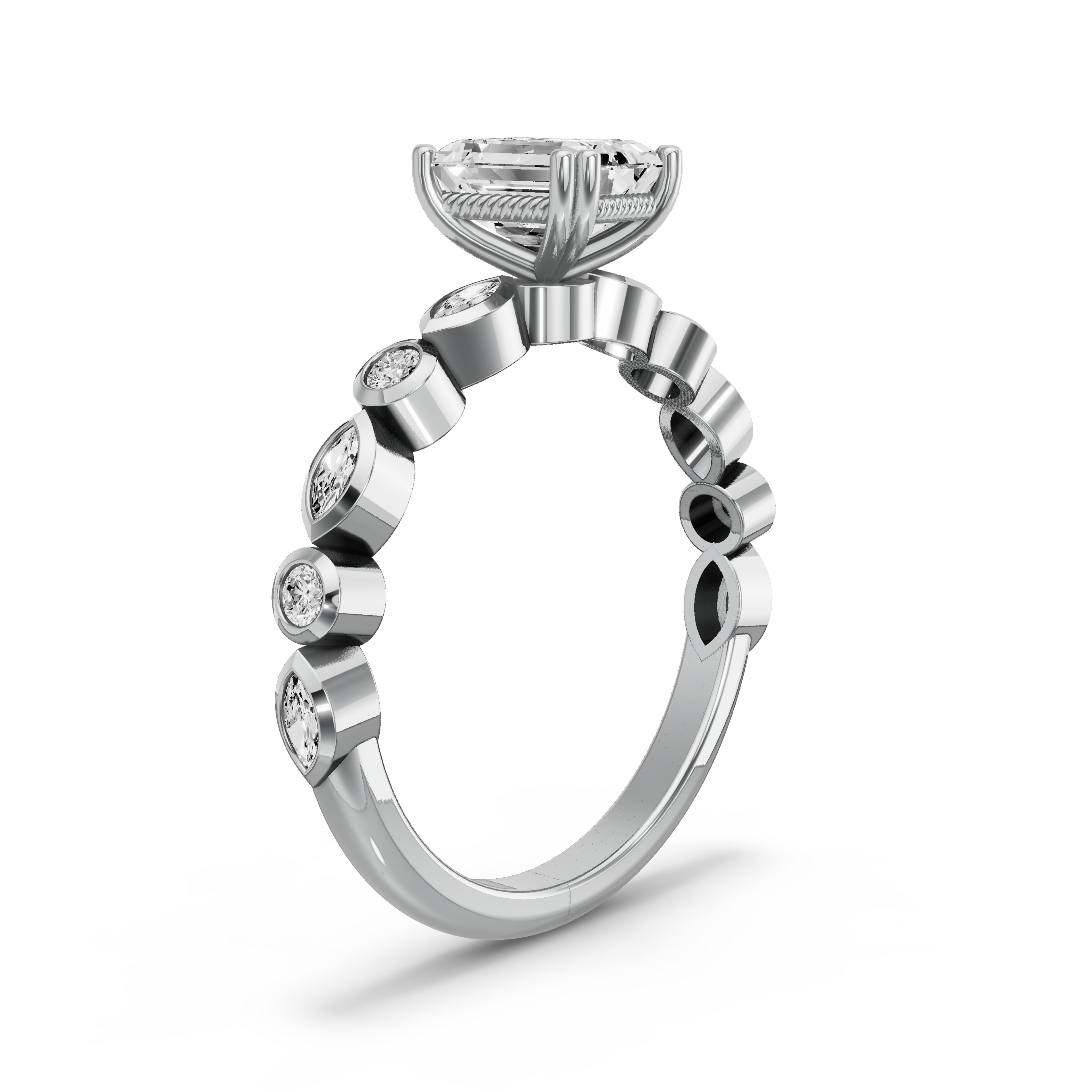 Image for Emerald Vintage Basket Ring with Alternating Marquise band in 10K White Gold