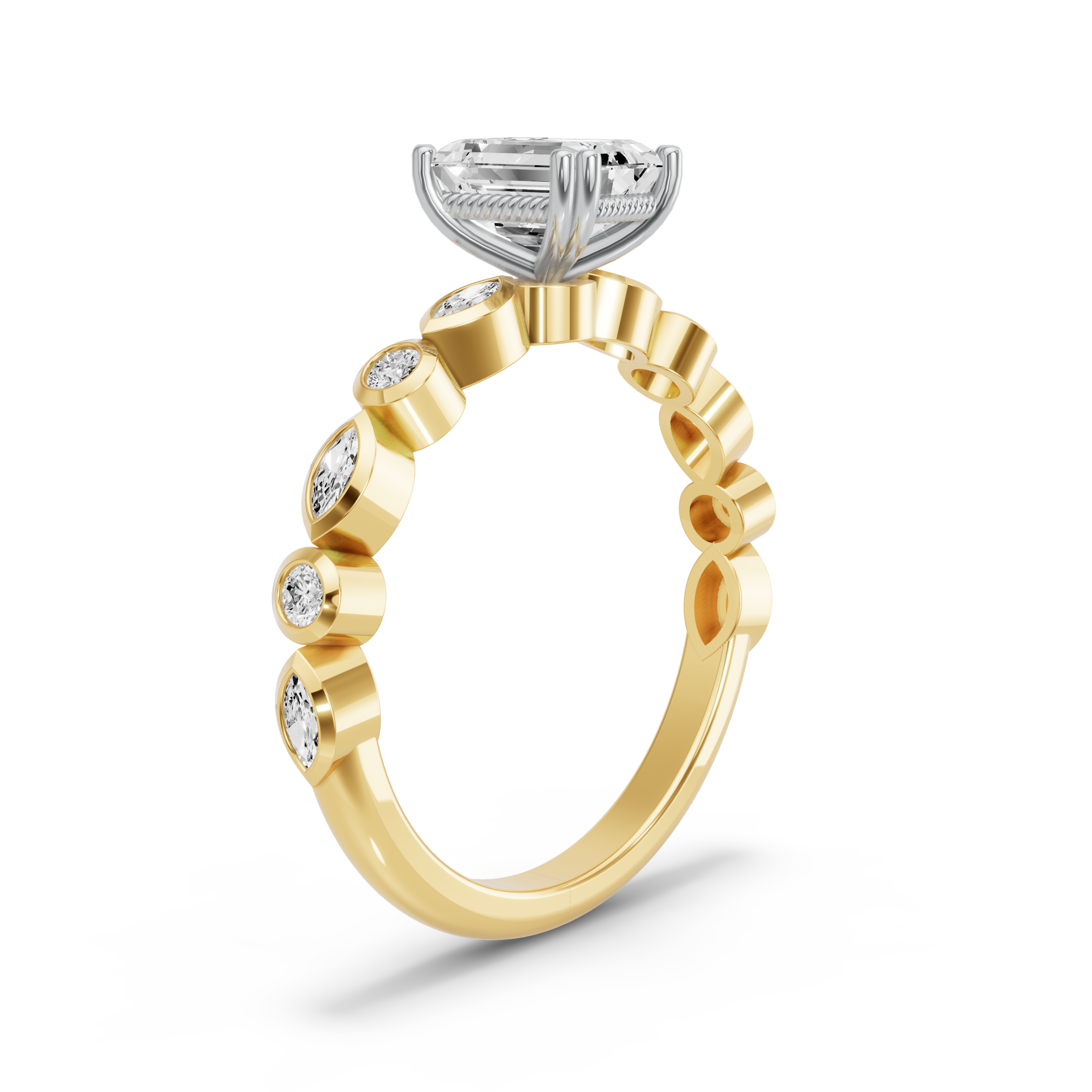 Image for Emerald Vintage Basket Ring with Alternating Marquise band in 18K Two Tone Yellow Gold