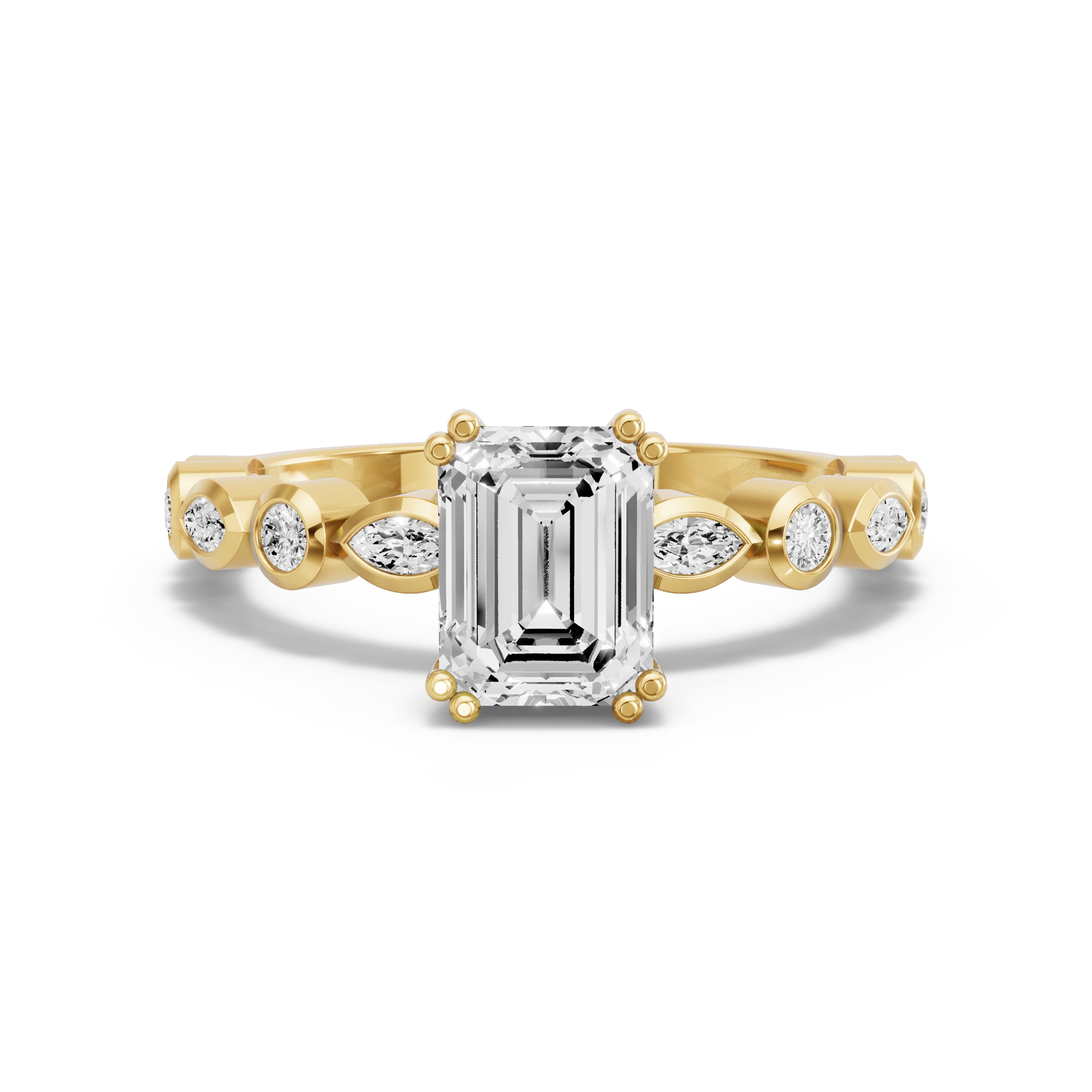 Image for Emerald Vintage Basket Ring with Alternating Marquise band in 10K Yellow Gold