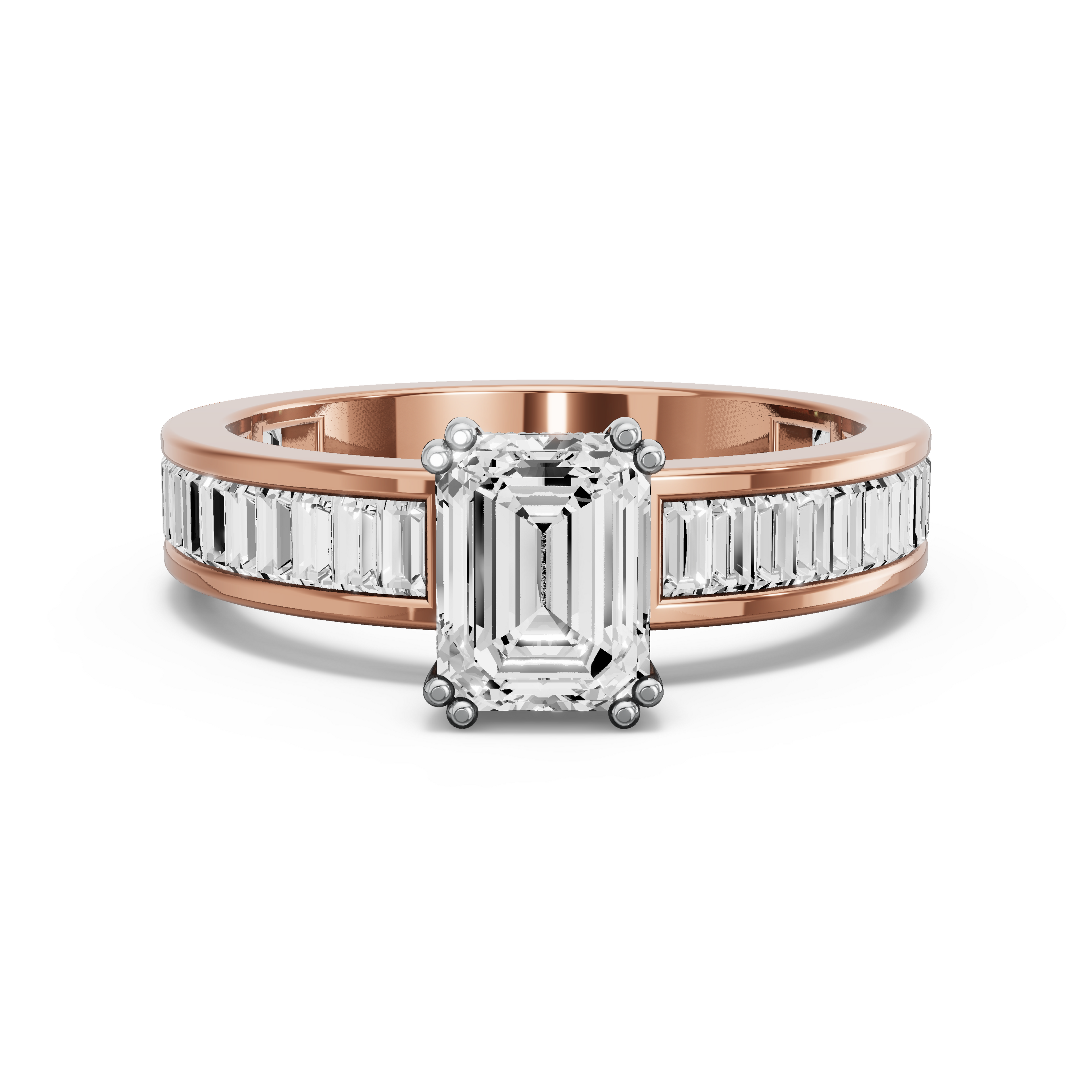 Image for Emerald Vintage Basket Ring with Baguette Channel band in 10K Two Tone Rose Gold