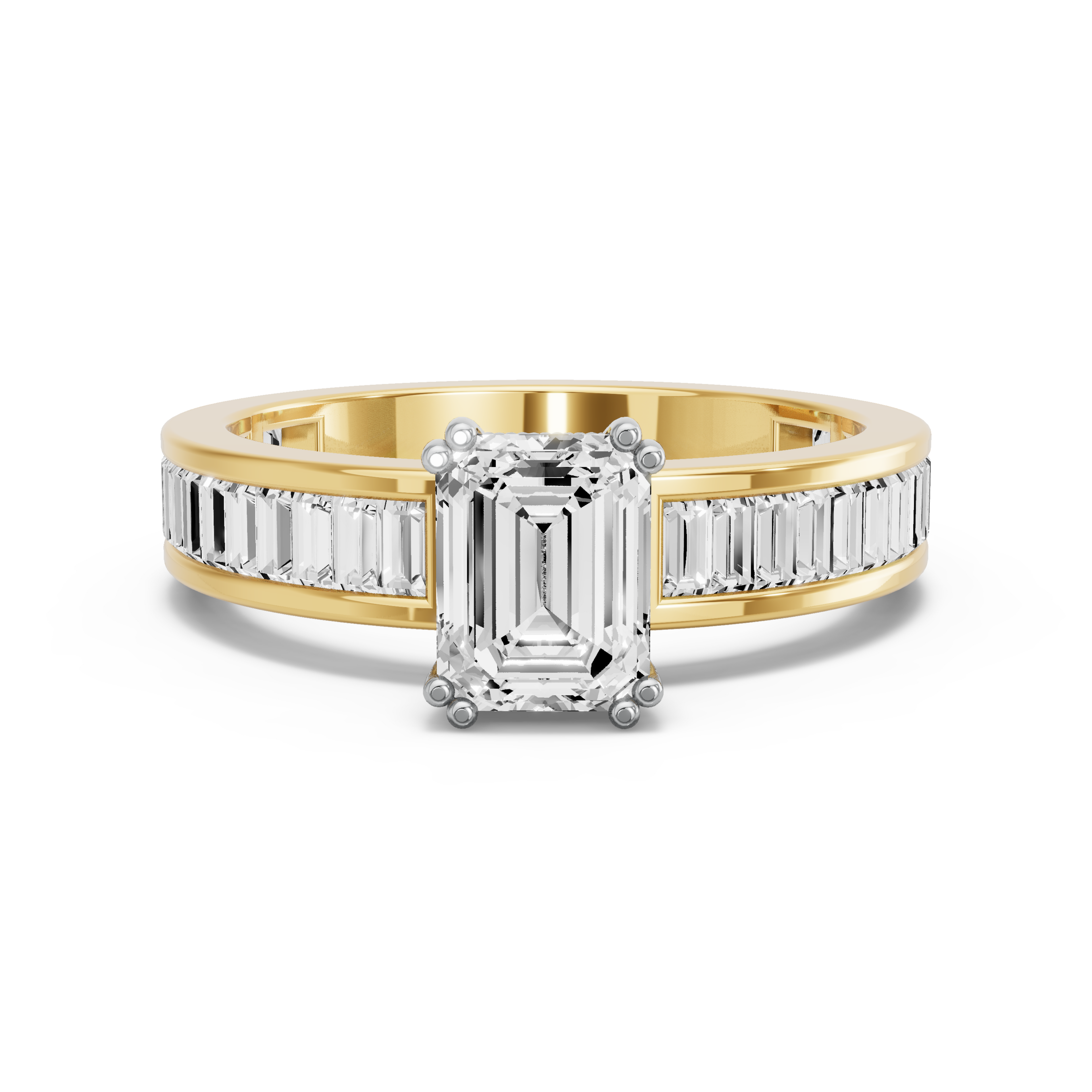 Image for Emerald Vintage Basket Ring with Baguette Channel band in 14K Two Tone Yellow Gold