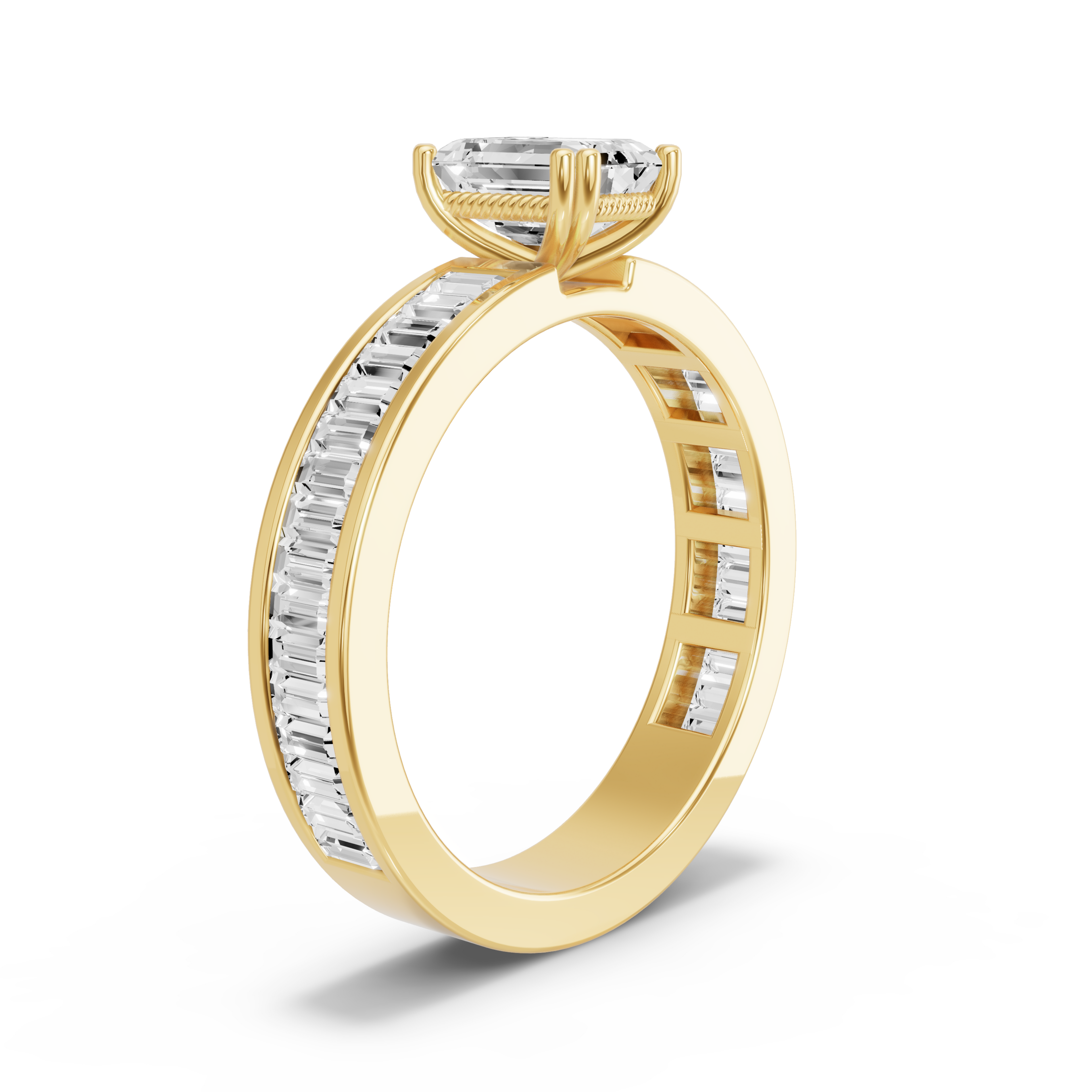 Image for Emerald Vintage Basket Ring with Baguette Channel band in 14K Yellow Gold