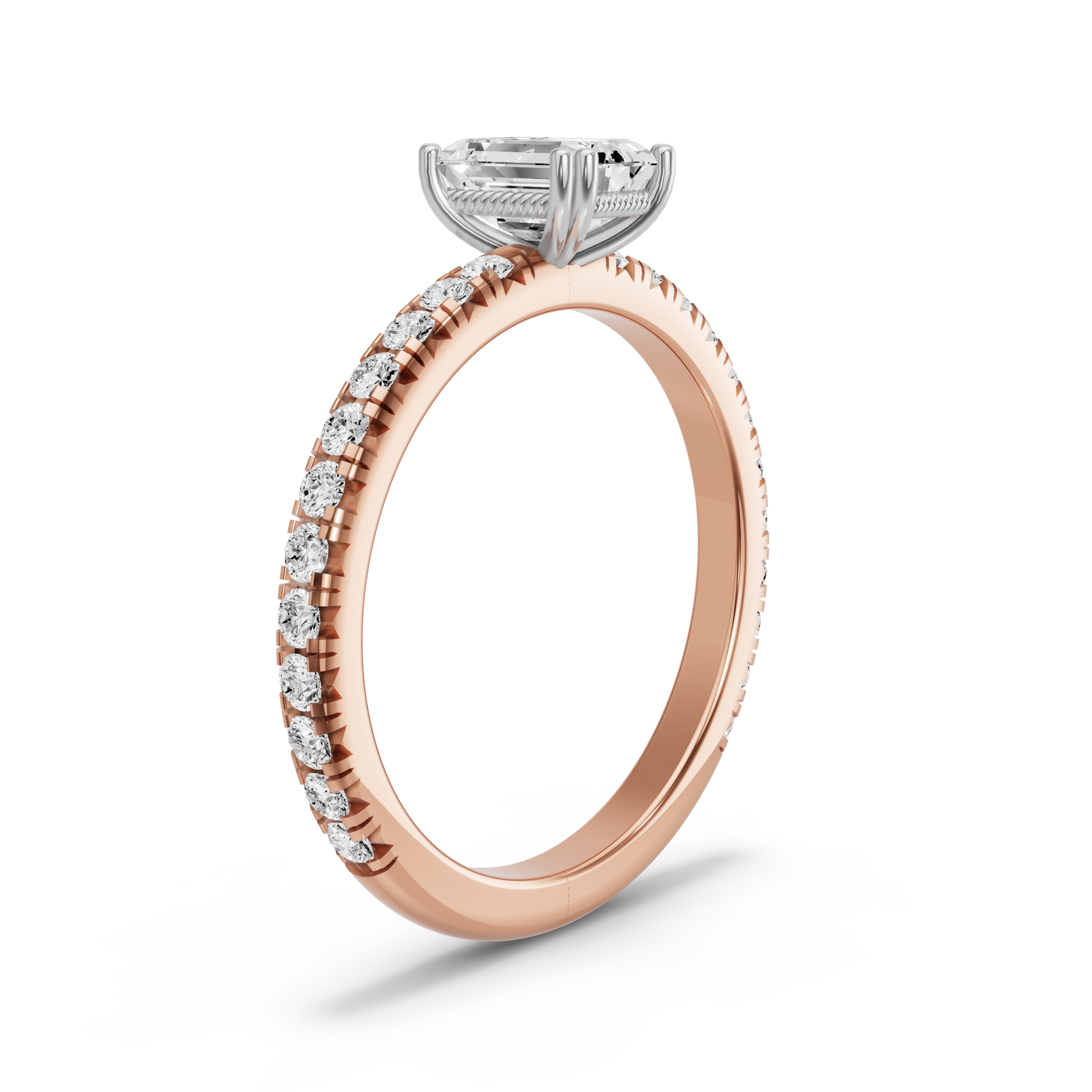 Image for Emerald Vintage Basket Ring with French Pave band in 10K Two Tone Rose Gold